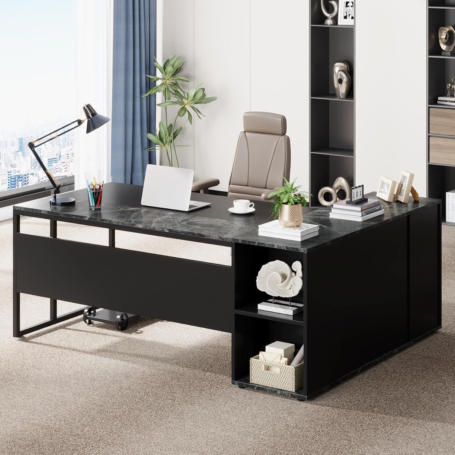 Modern Shaped Executive Desk with Storage Cabinet & Shelves, Large Industrial Home Office Computer Desk, Business Workstation with Printer Cabinet & CPU Stand, Black