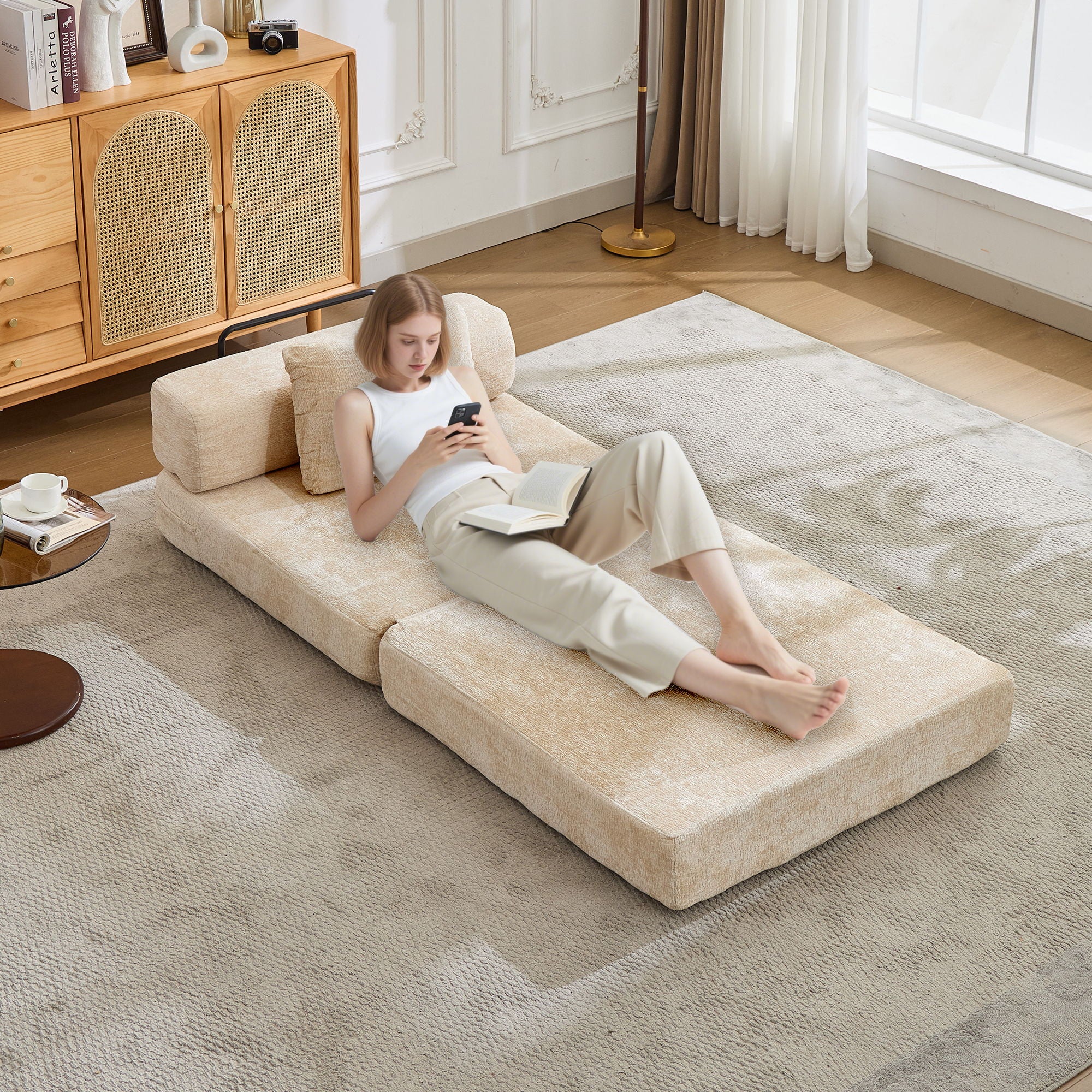 Convertible Floor Sofa Bed With Fixed Shape Frame For Living Room - Beige
