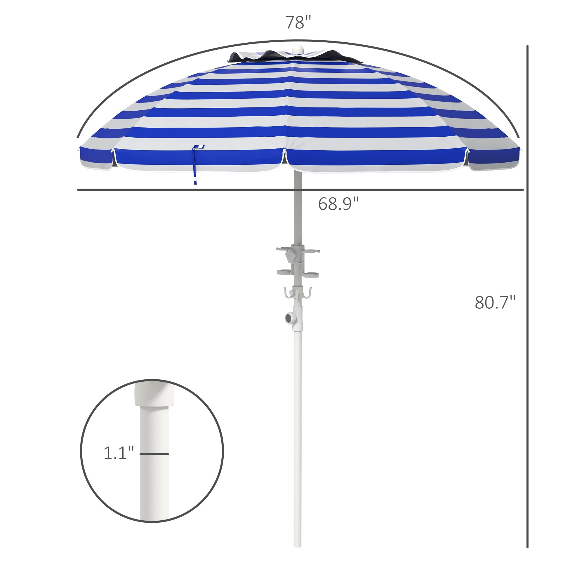 5.7' portable beach umbrella with tilt, adjustable height, 2 cup holders & hooks, uv 40+ with vented canopy, blue white stripe
