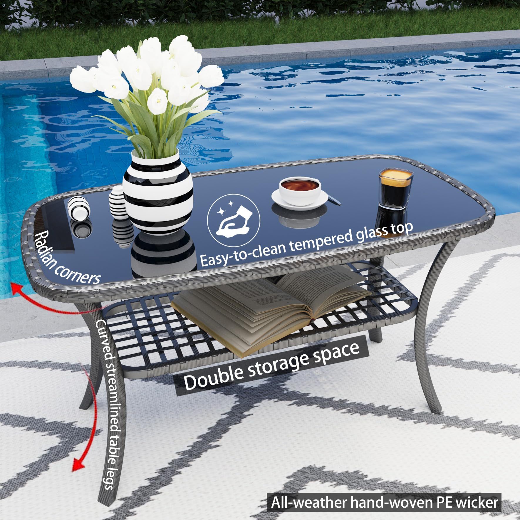 4 Pieces Rattan Wicker Chairs With Tempered Glass Table And Cushions