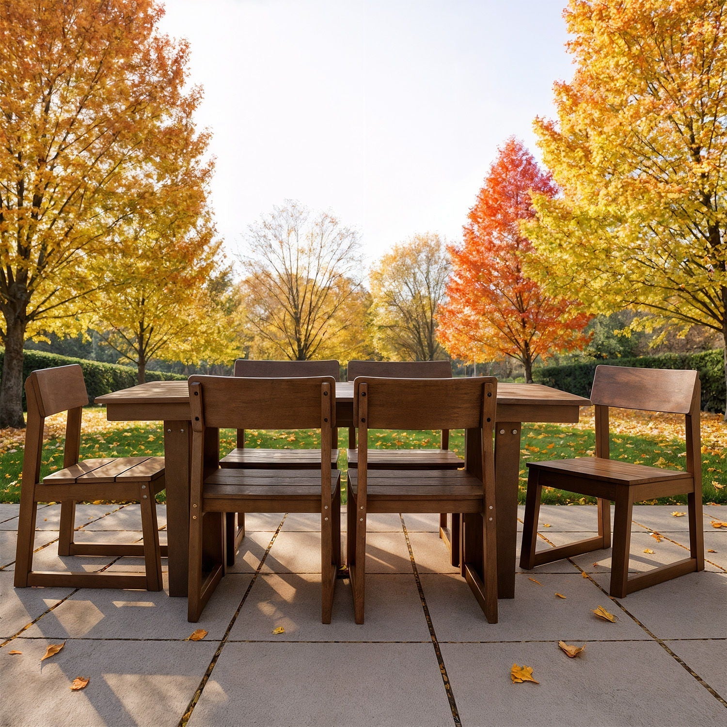 7 Piece Outdoor Dining Set For 6, Table With Umbrella Hole & 6 Armless Chairs For Backyard - Brown