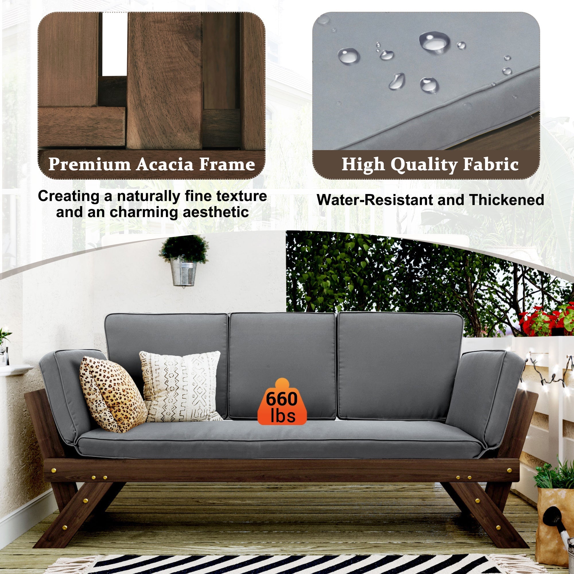 TOPMAX Outdoor Adjustable Patio Wooden Daybed Sofa Chaise Lounge with Cushions