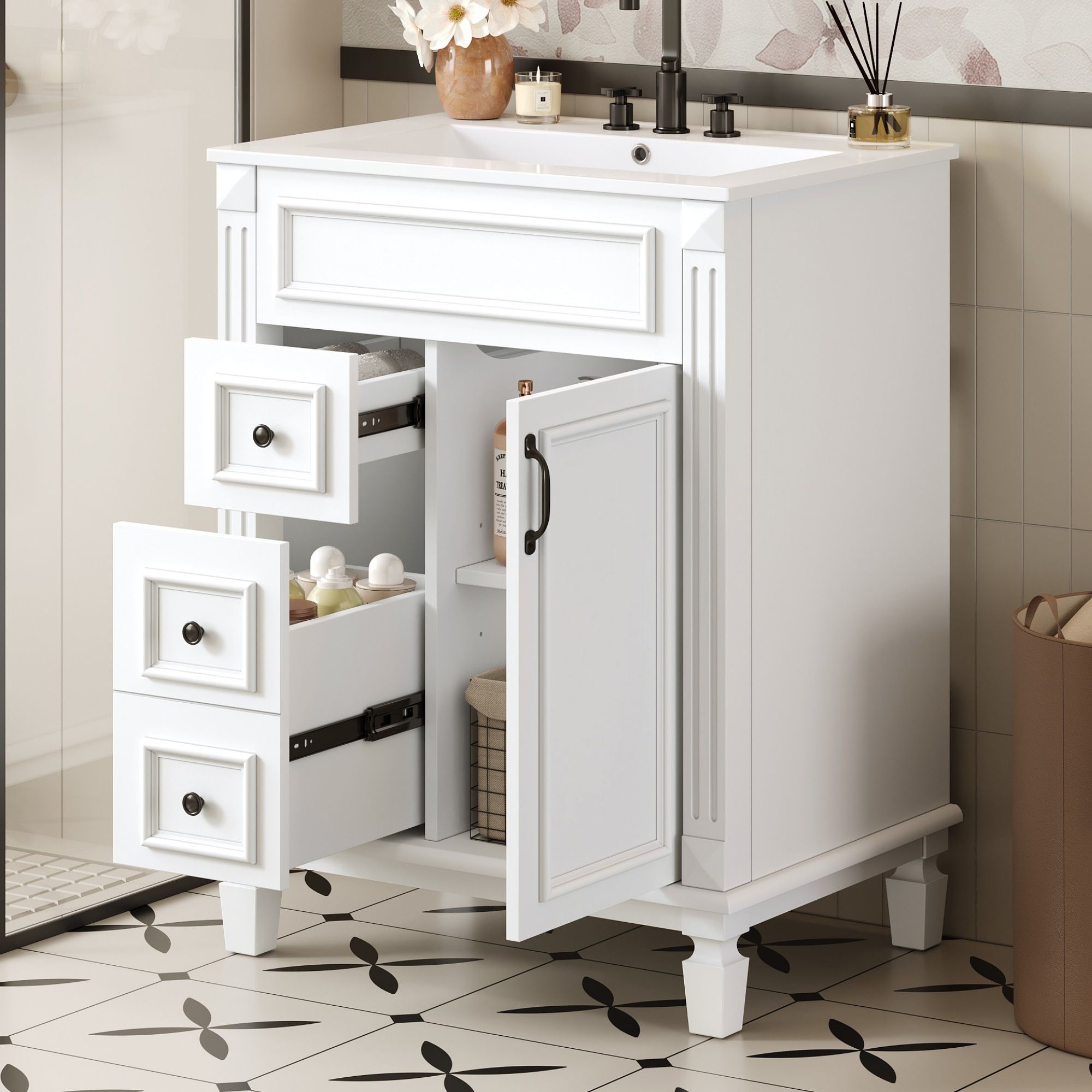 Bathroom Vanity With Sink, Compact Cabinet & 2 Drawers And Adjustable Shelf