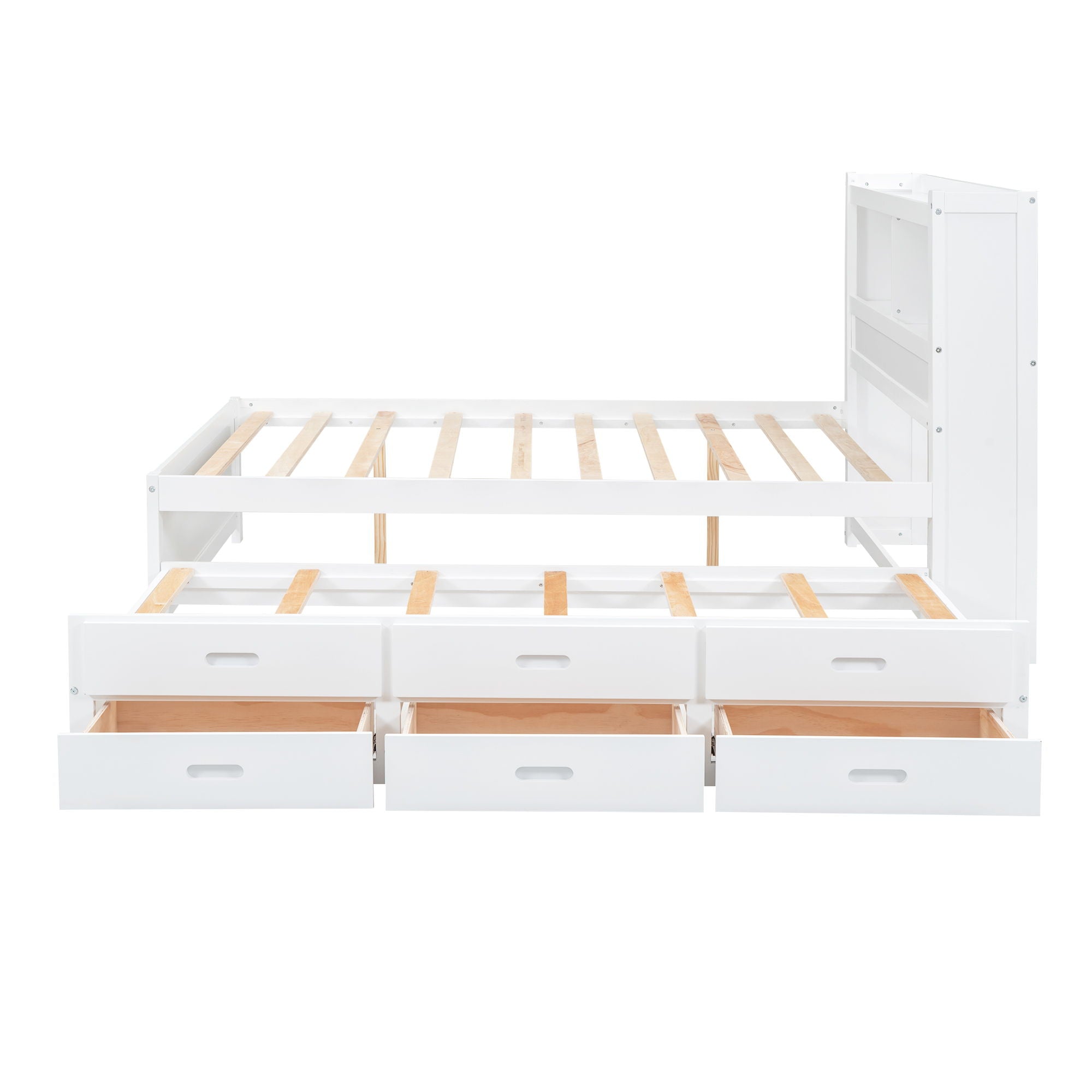 Full Size Platform Bed With Trundle, Drawers, USB Ports And Built In Shelves - White