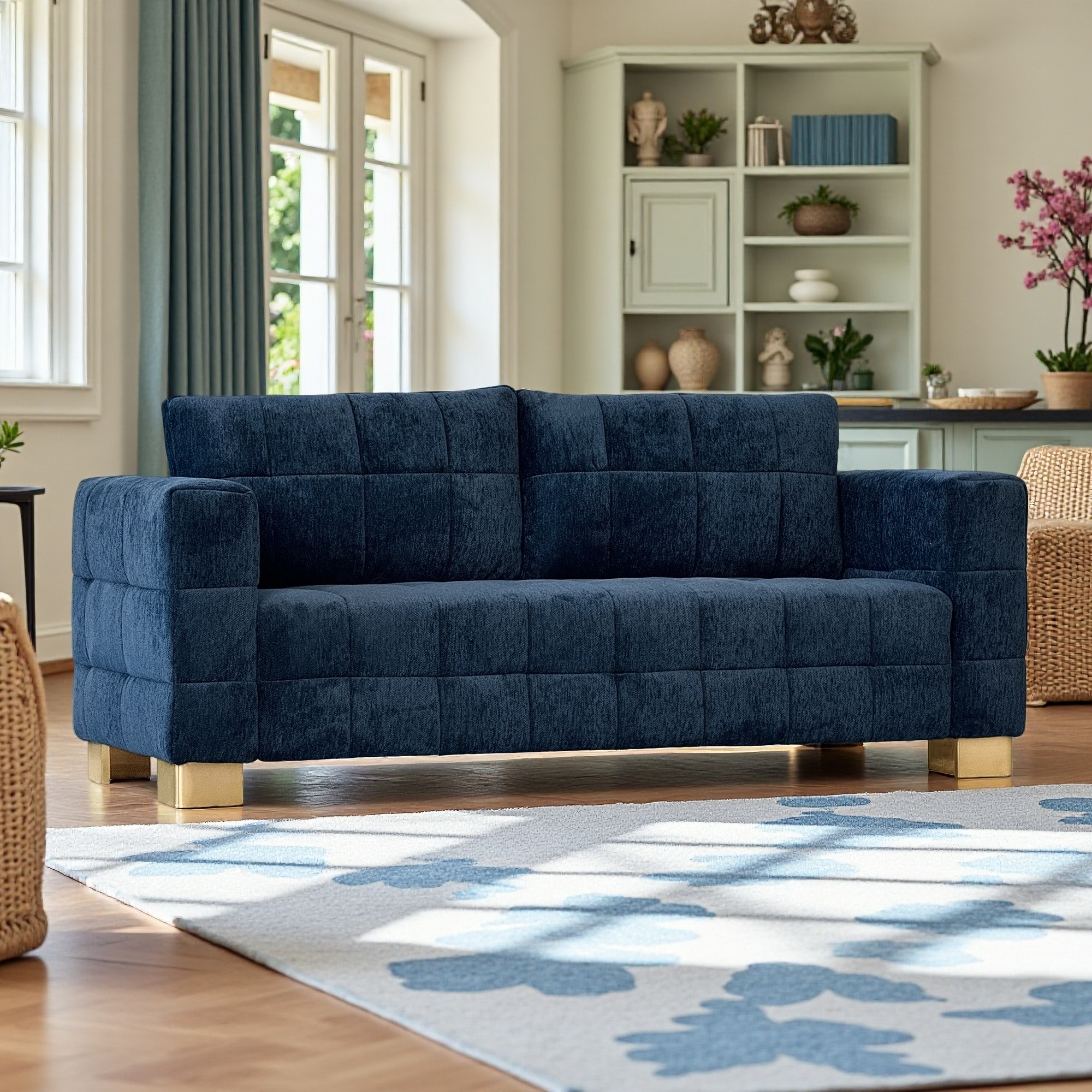 Retro Blue Chenille Upholstered 3-Seater Couch with Stainless-Steel Legs