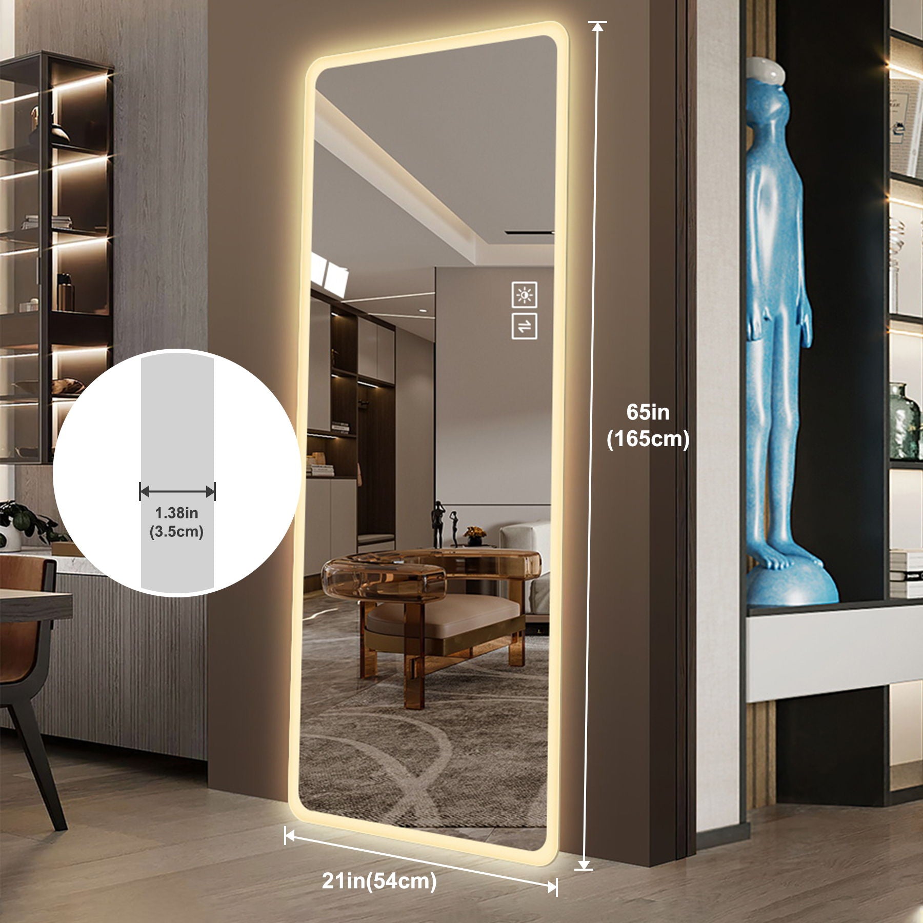 Full Length Mirror Lighted Vanity Body Mirror LED Mirror Wall Mounted Mirror Big Size Rounded Corners, Bedroom, Living Room, Dressing Room Hotel - Clear