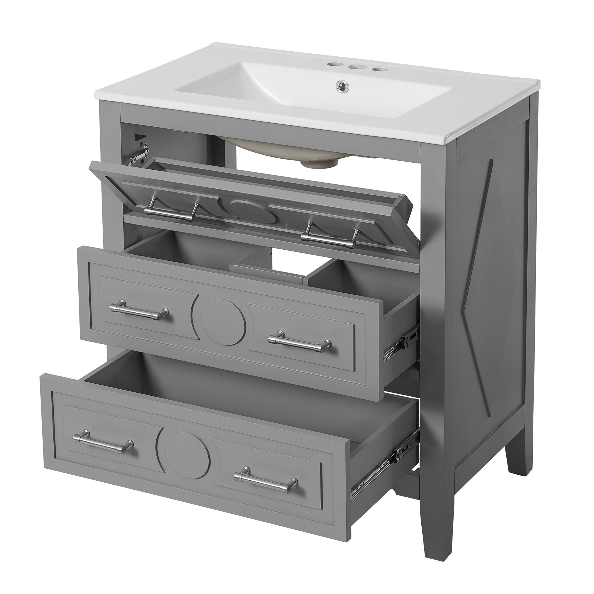 Bathroom Vanity With Sink, Free Standing Single Set With 3 Drawers, Storage Cabinet - Gray
