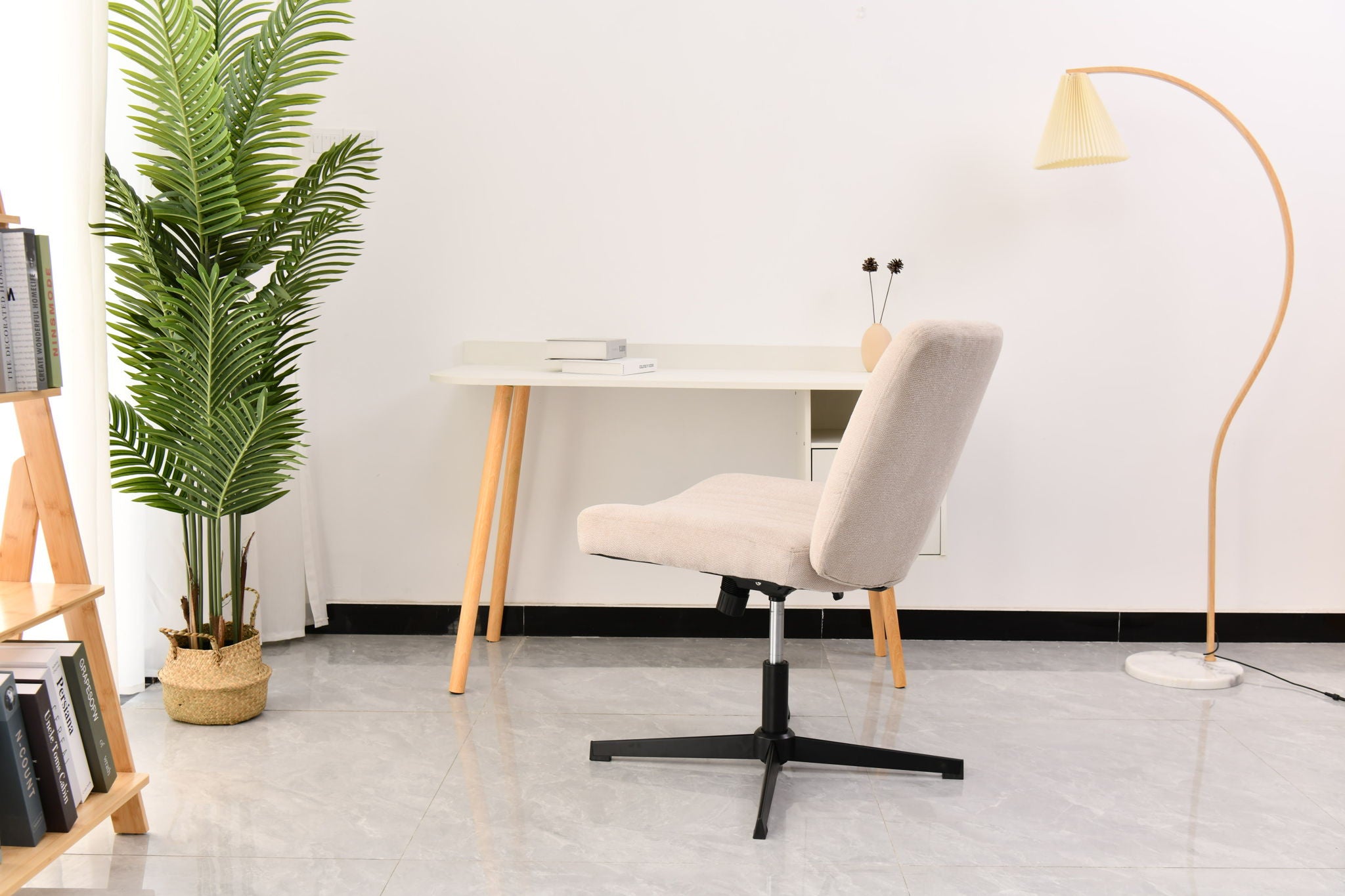 Cross Legged Office Chair, Wide Comfty Desk Chair, Vanity Home Chair No Wheels Armless Computer Task Chair, Swivel And Height Adjustable - Beige