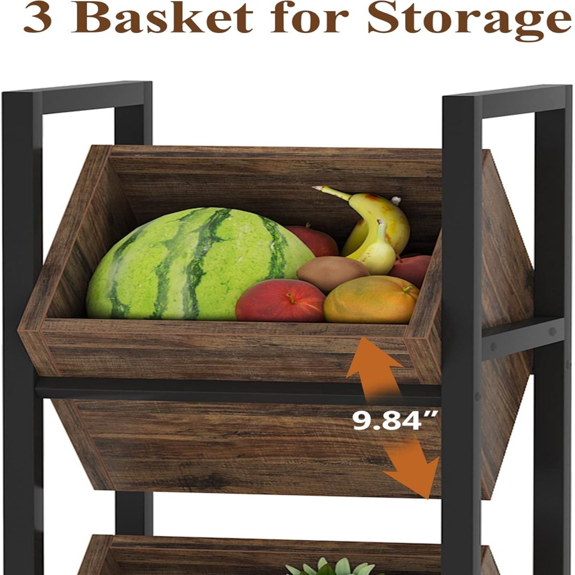 3 Tier Basket Stand With Angled Baskets, Vertical Storage Tower For Kitchen - Black