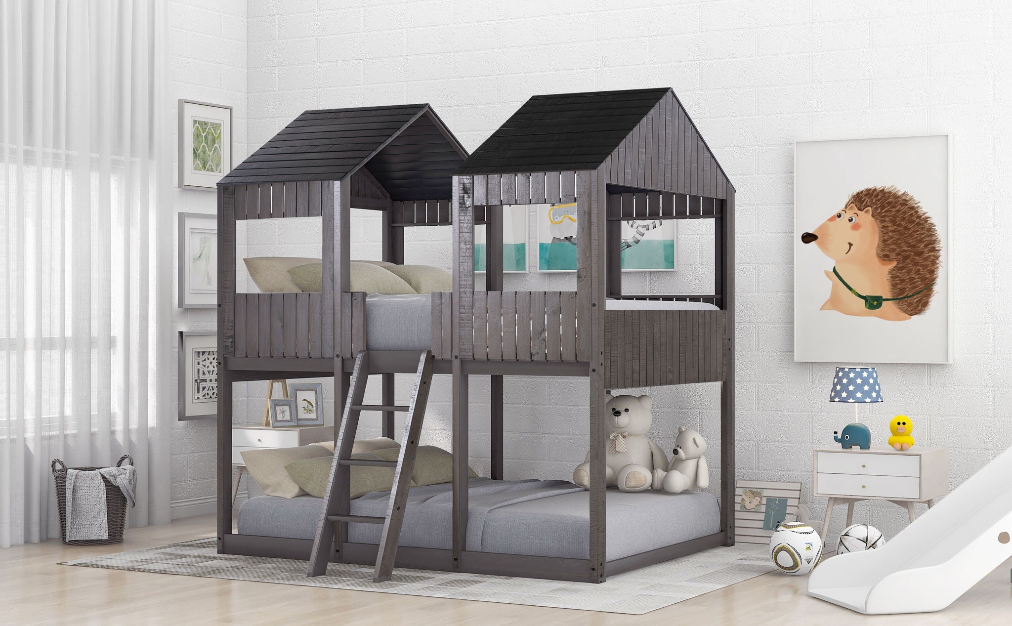Bunk Bed With Roof, Window, Guardrail, Ladder