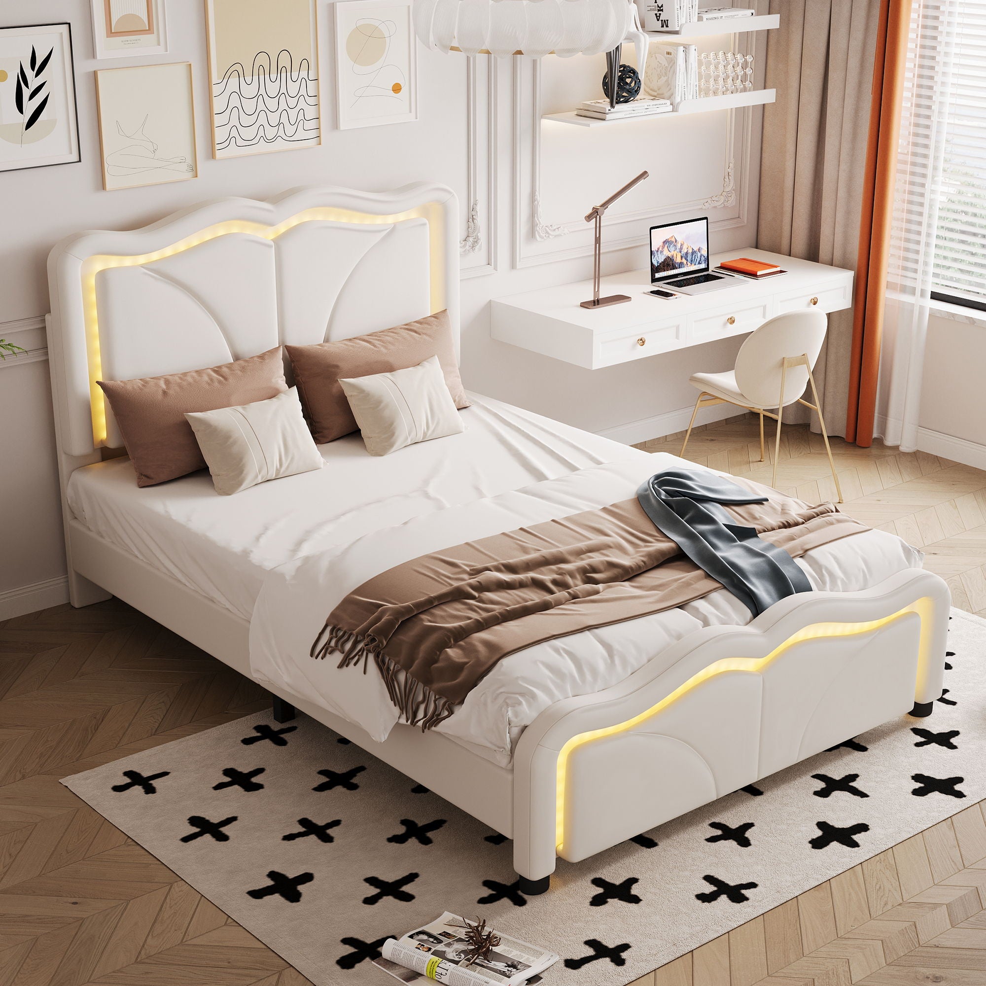 Upholstered Platform Bed & Curve Shaped And Height Adjustable Headboard, LED Light Strips