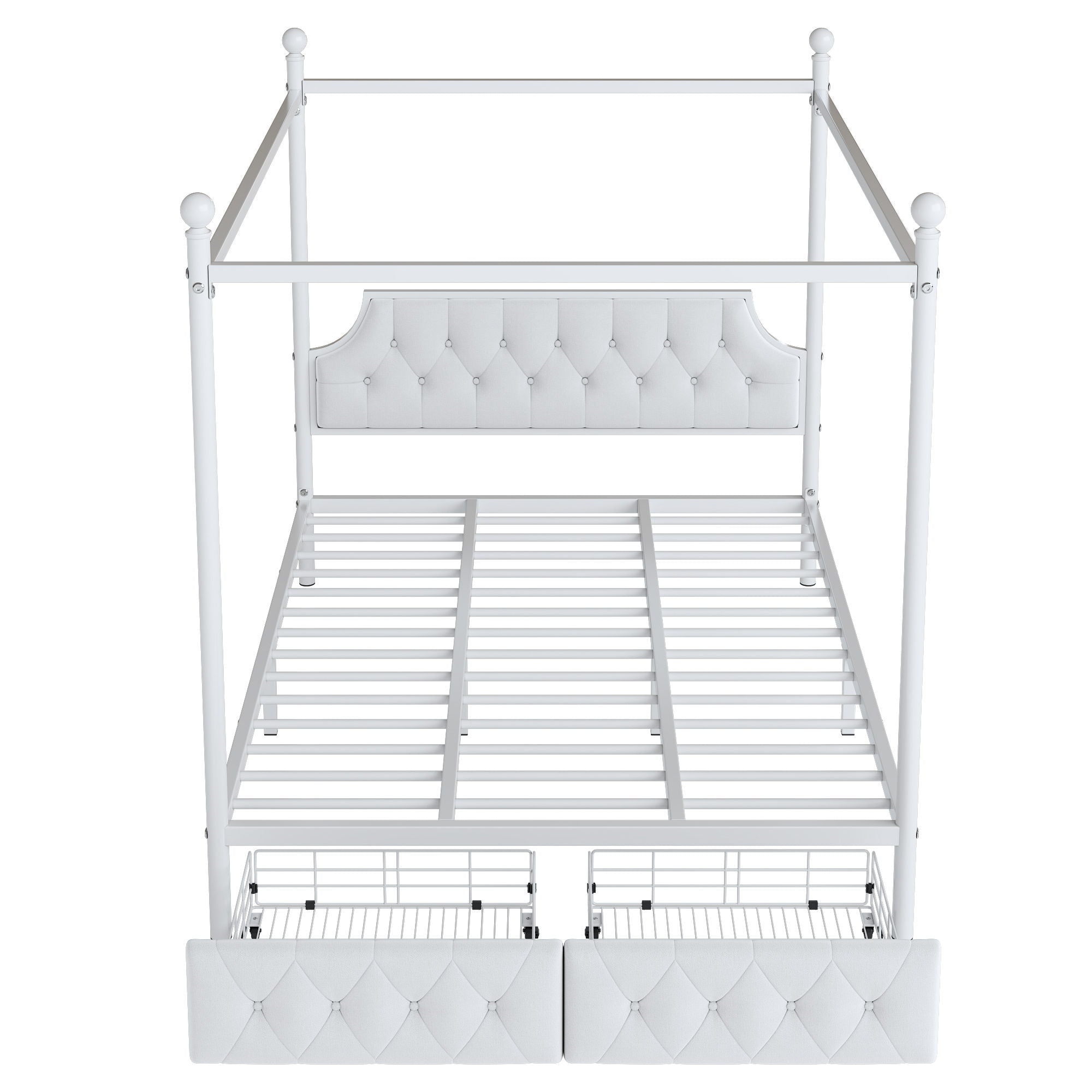 Canopy Platform Bed With Upholstered Headboard And 2 Storage Drawers - White