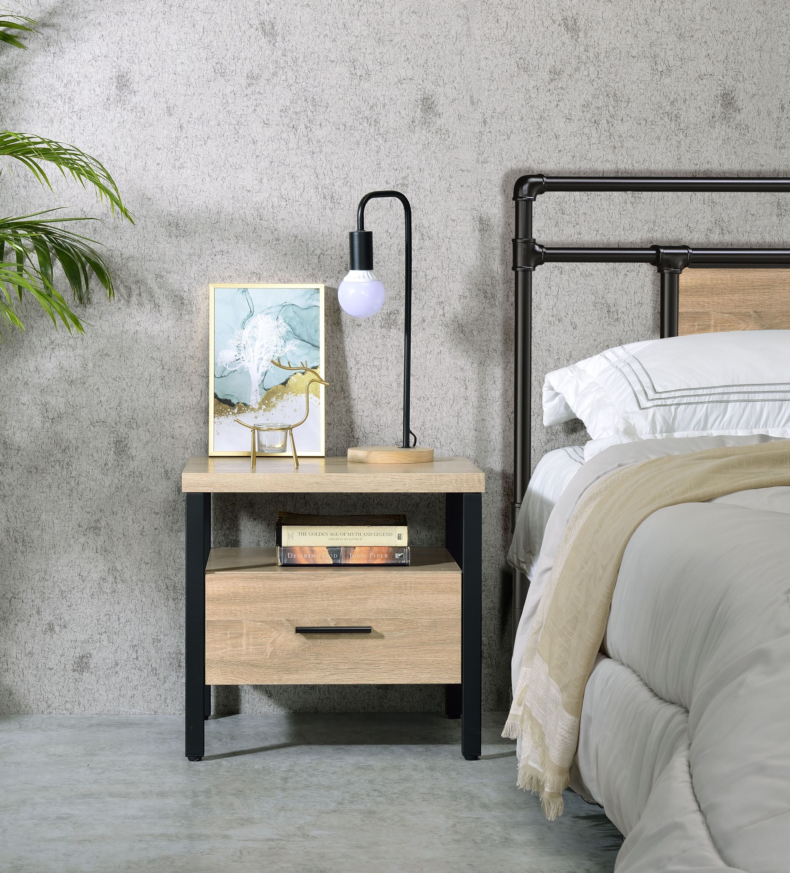 Oak-Finish-Nightstand-with-1-Drawer-&-1-Shelf-–-Metal-Legs,-Modern-Storage-Side-Table-Nightstands