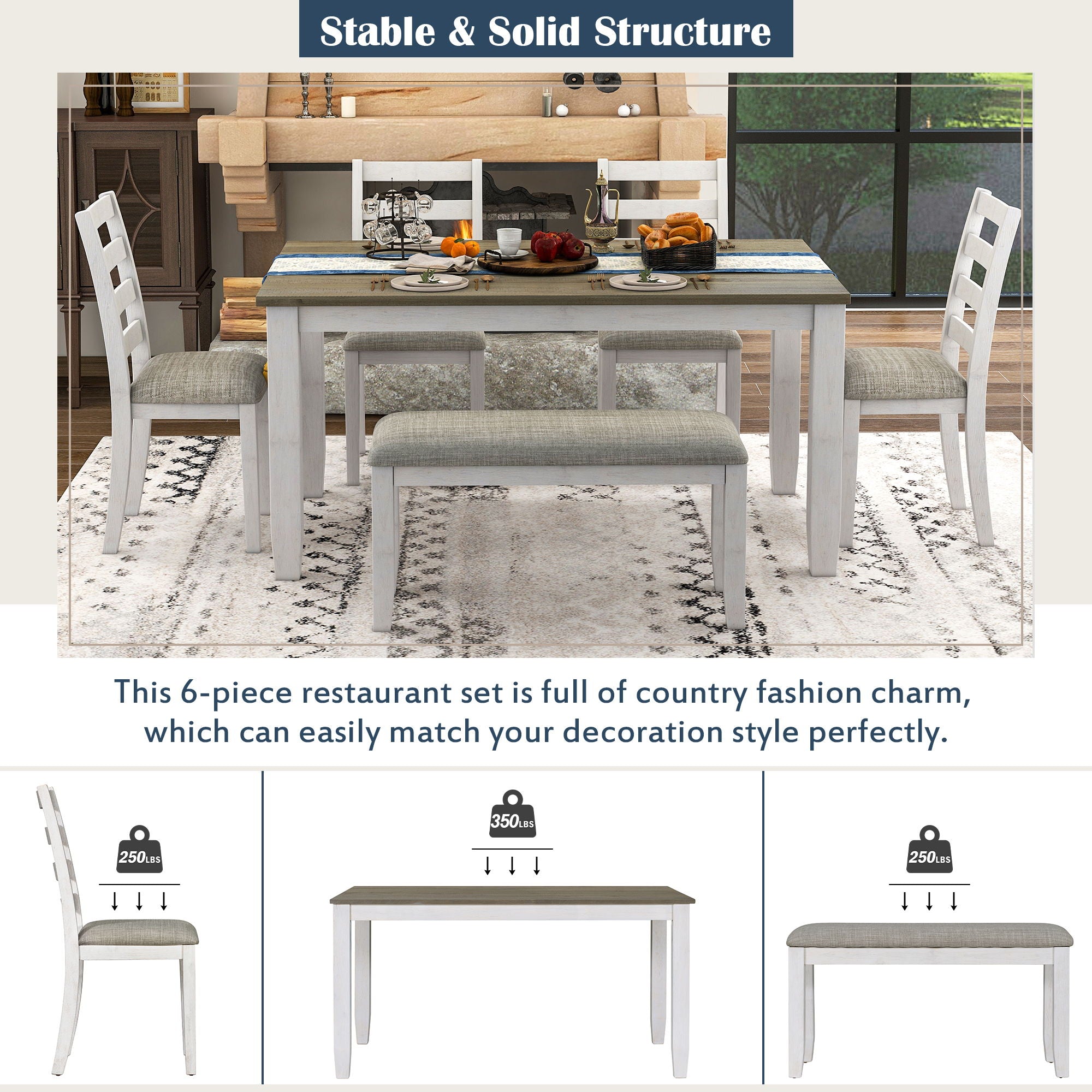 Rustic Style 6 Piece Dining Room Table Set With 4 Upholstered Chairs & A Bench - Brown / Whitewash