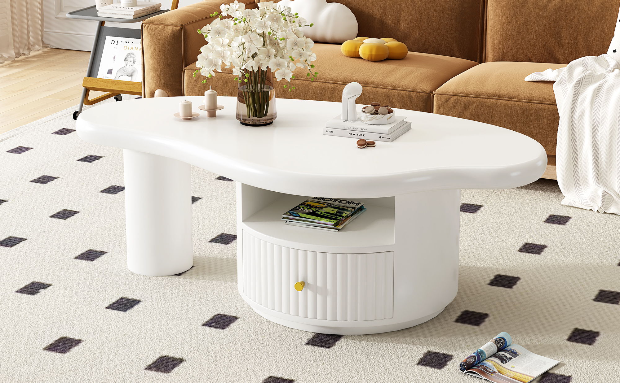 Cloud - Coffee Table, Irregular Shape Coffee Table With 1 Dreawer And Shelf For Living Room - White
