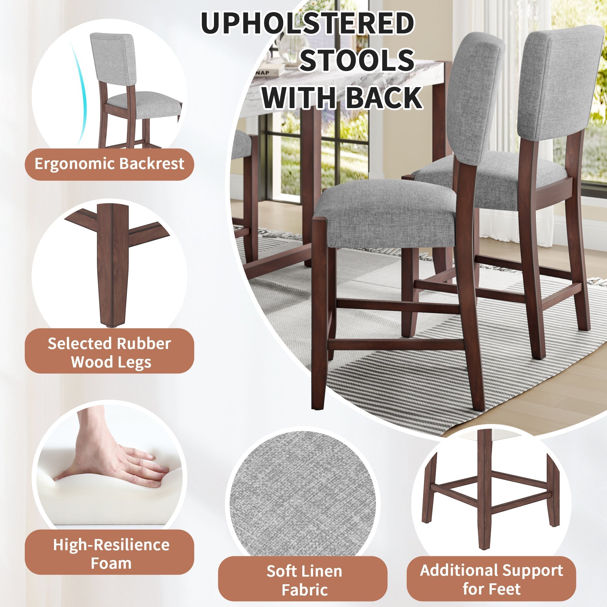Set of 4 Mid-Century Modern Bar Stools, 40 in Linen Upholstered Counter Chairs with Rubber Wood Legs, Gray