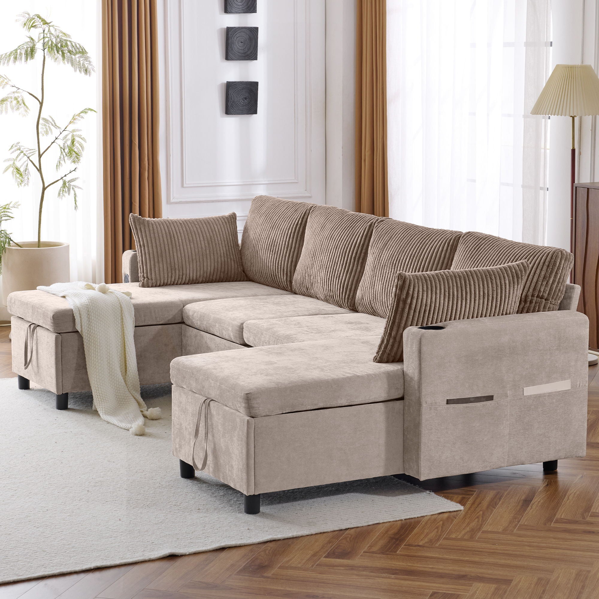 Sectional Sofa Bed With Pull Out Sleeper, USB Ports, Cup Holders