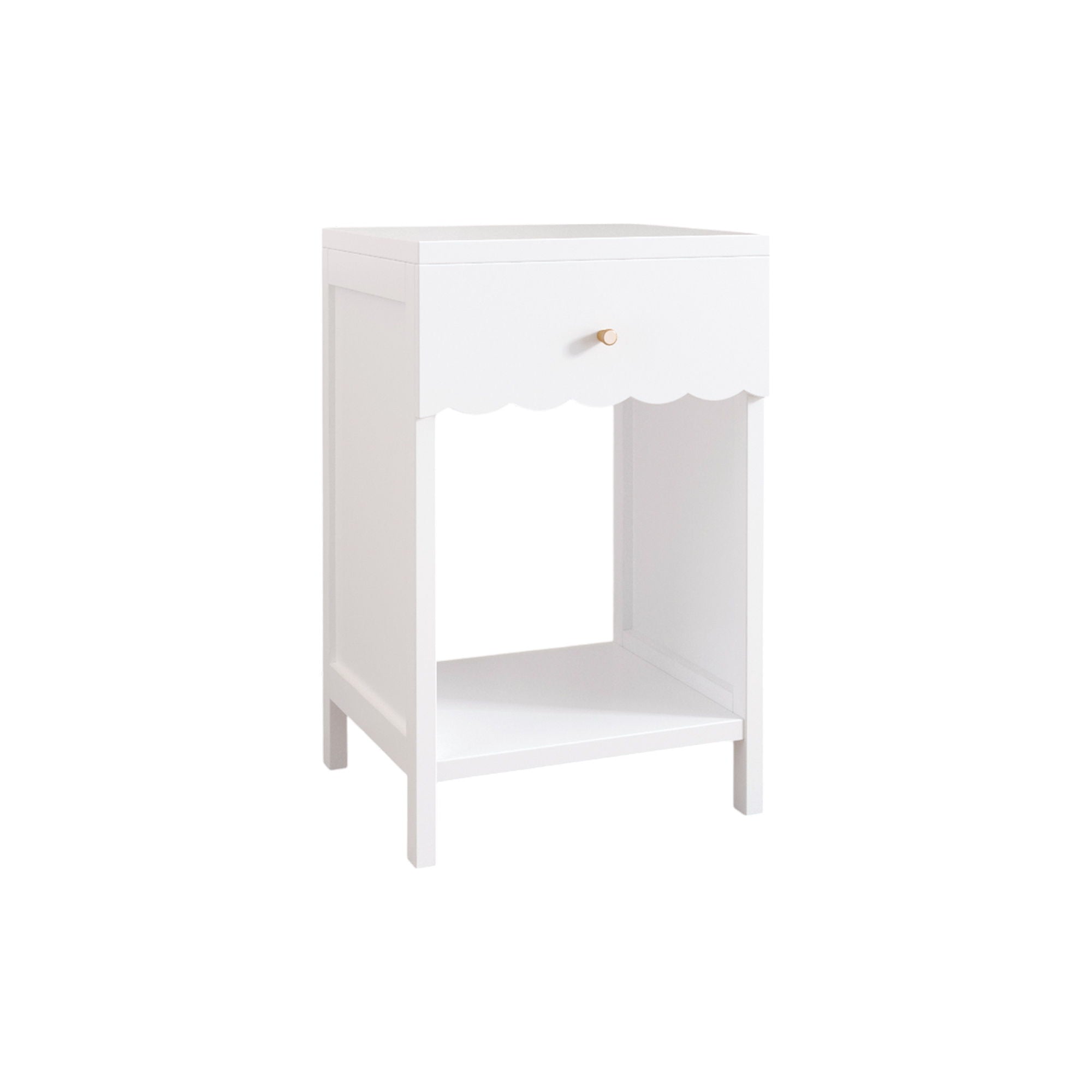 Nightstand With Drawer And Open Shelf, Scalloped Edge Bedside Table