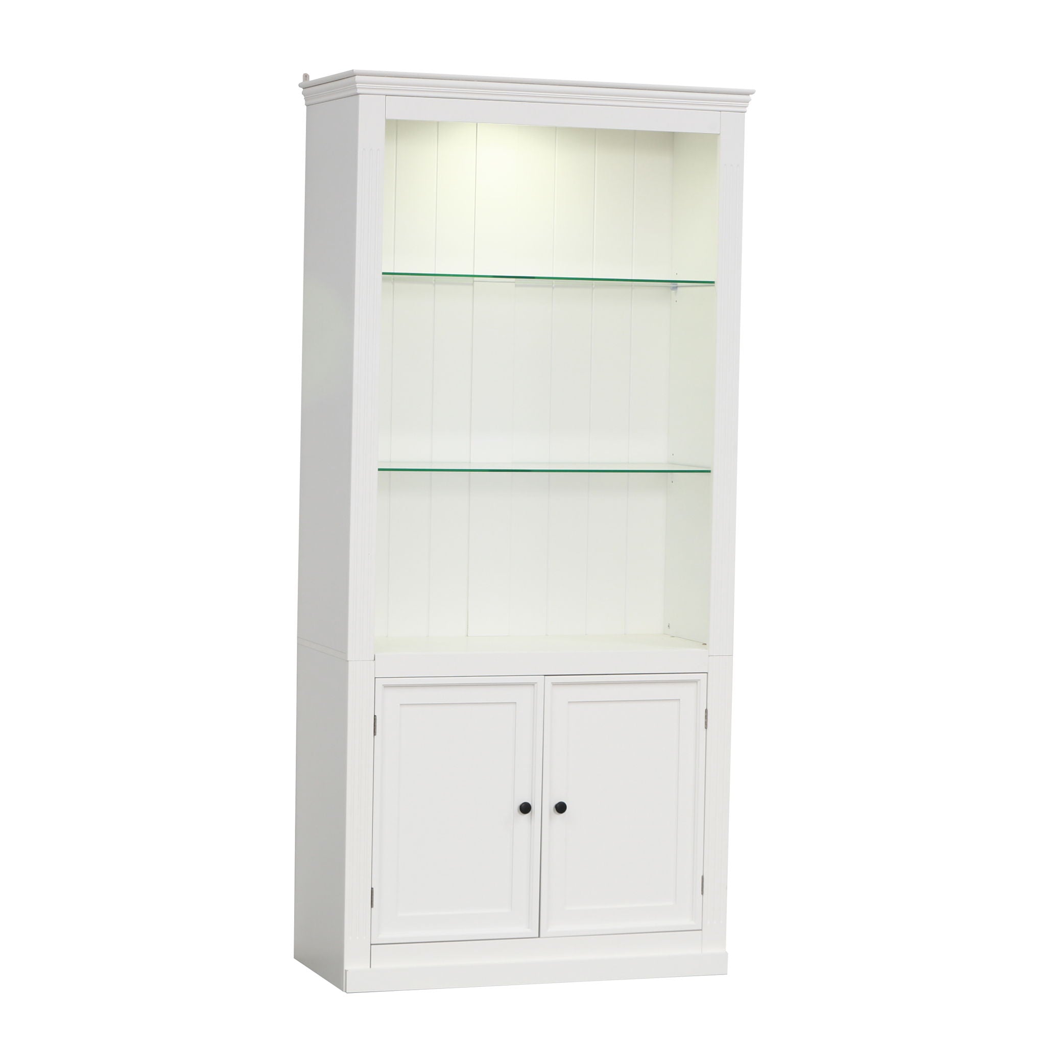Retro Style Display Bookcase With Adjustable LED Ceiling Light And Tempered Glass Shelves - White