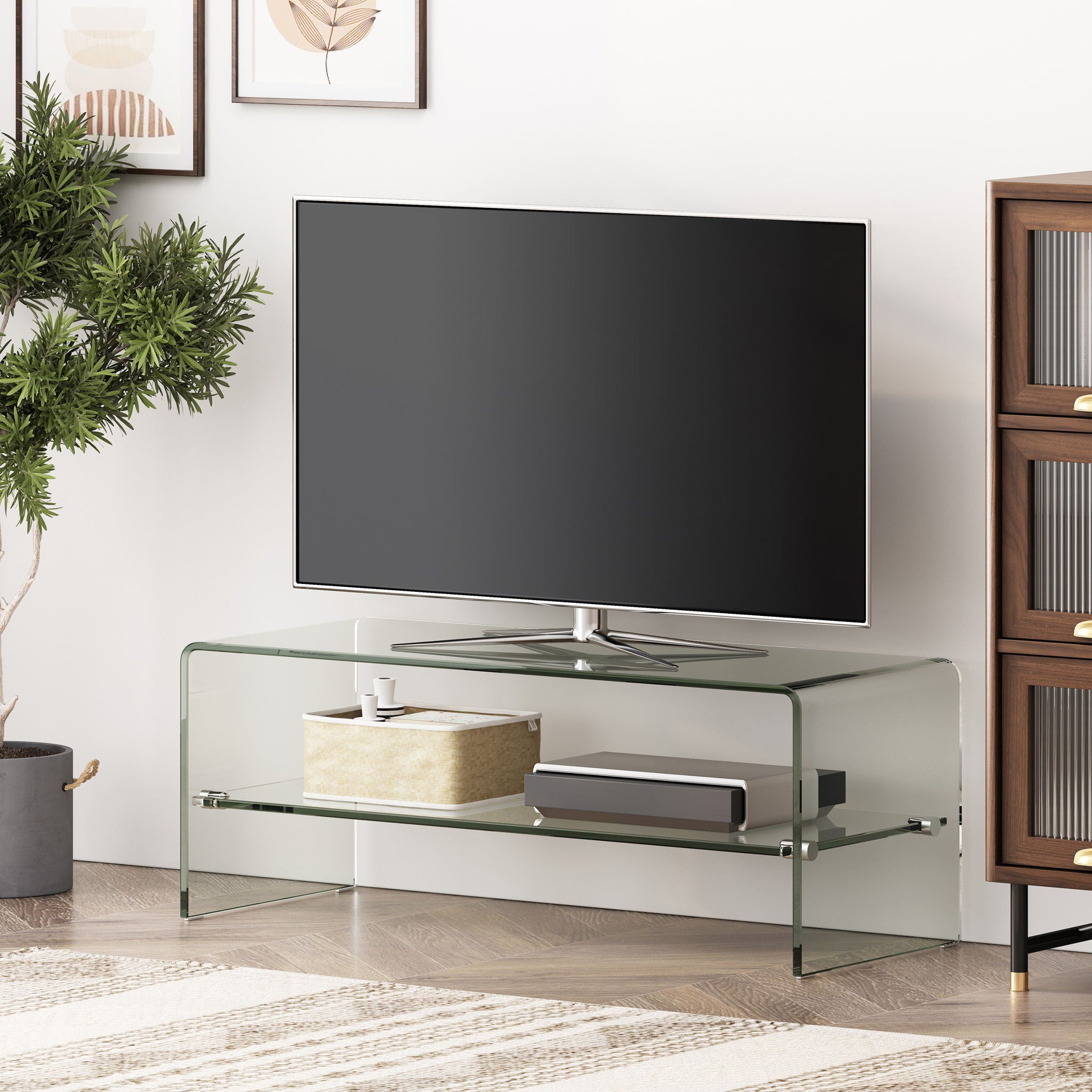 Modern Tempered Glass TV Stand With Shelf And Open Back Design - Clear - Best Buy Furniture