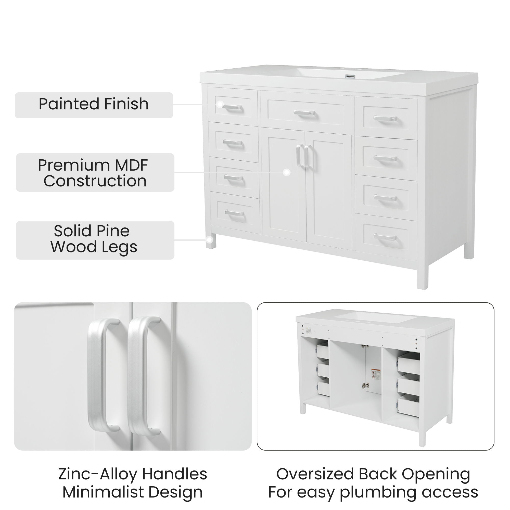 Bathroom Vanity With Sink, 2 Doors 8 Drawers, Soft Close System, Classic Design