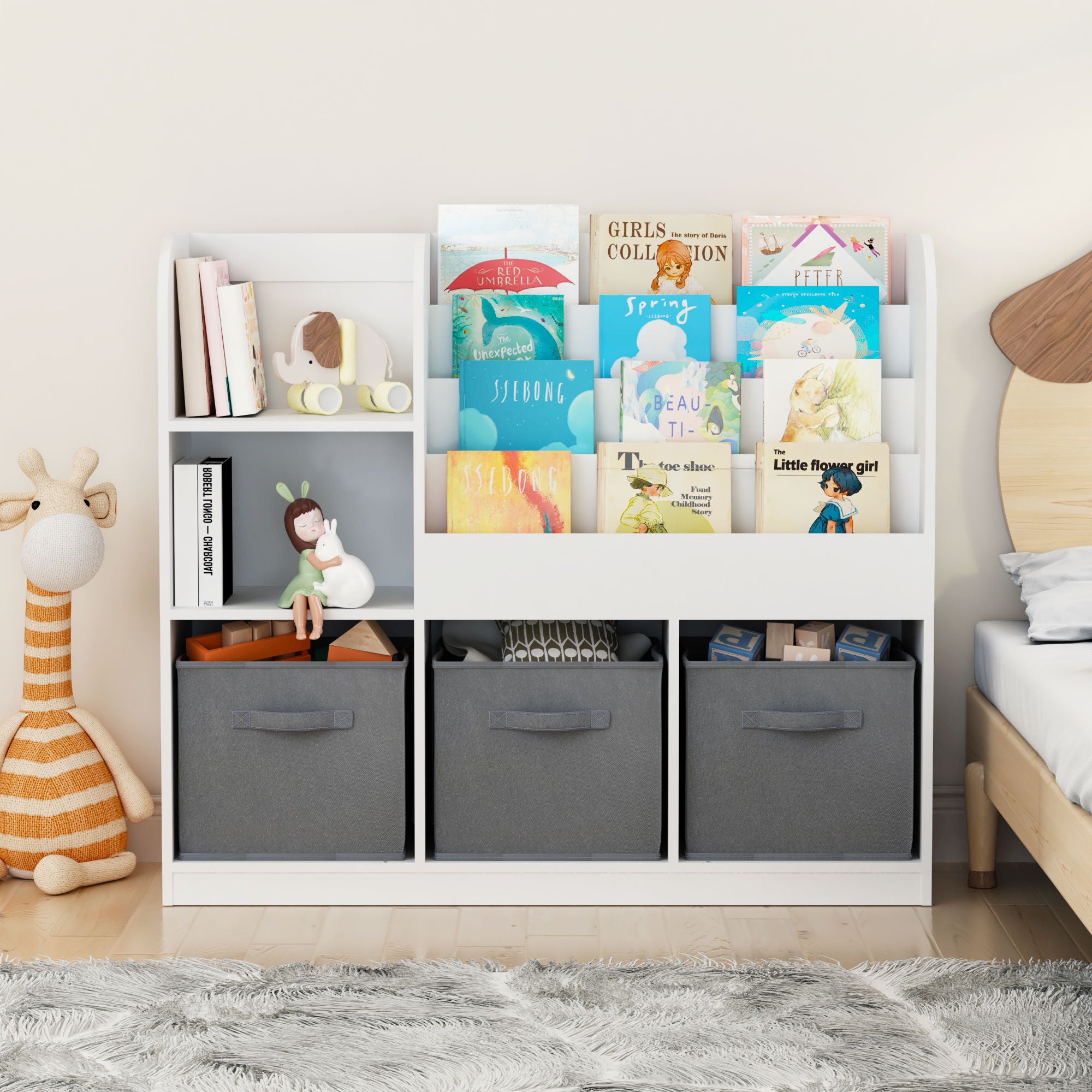 Bookcase And Bookshelf With 3 Collapsible Drawers, Multifunctional Display Stand