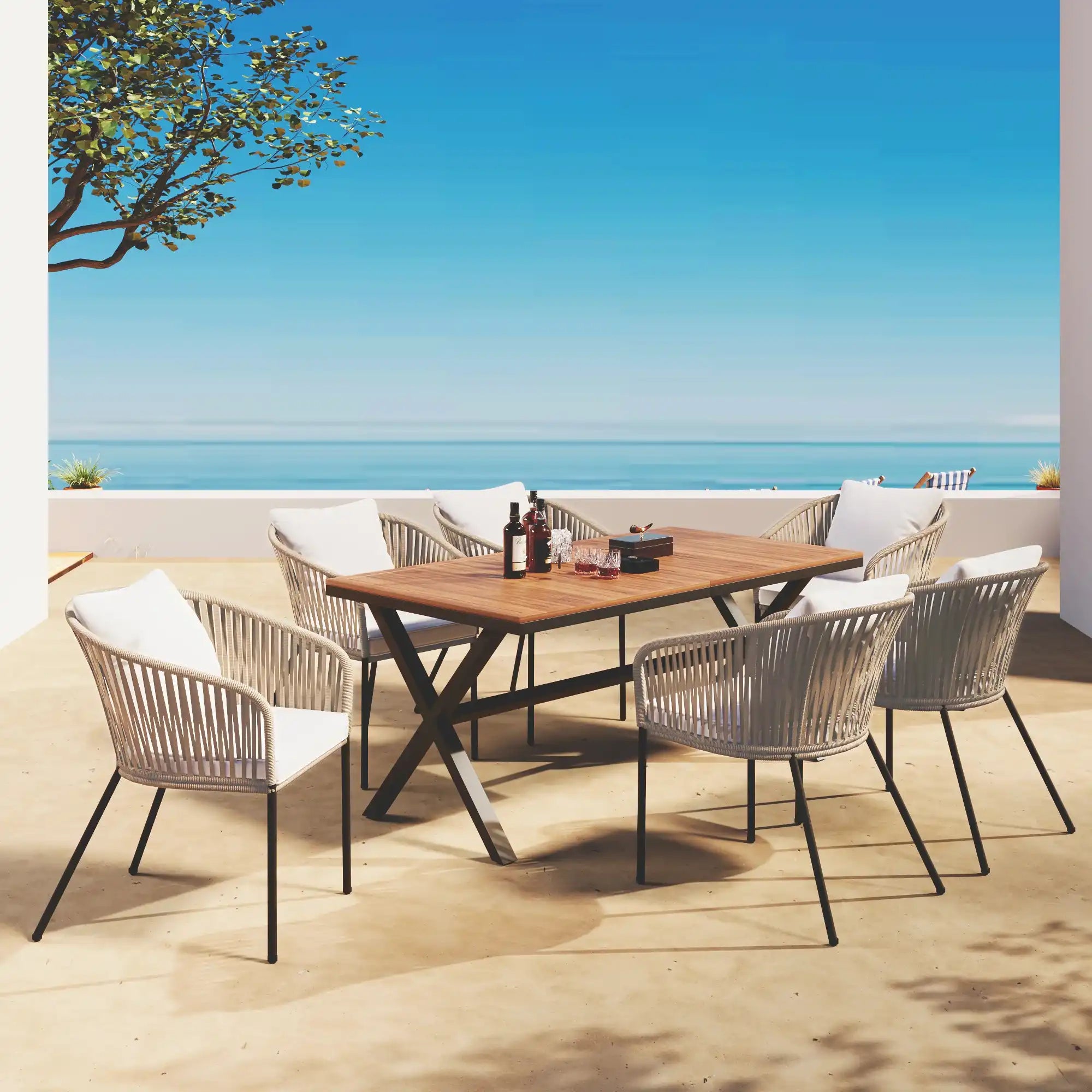 Coastal Drift 7 Pieces Outdoor Dining Set, Acacia Wood