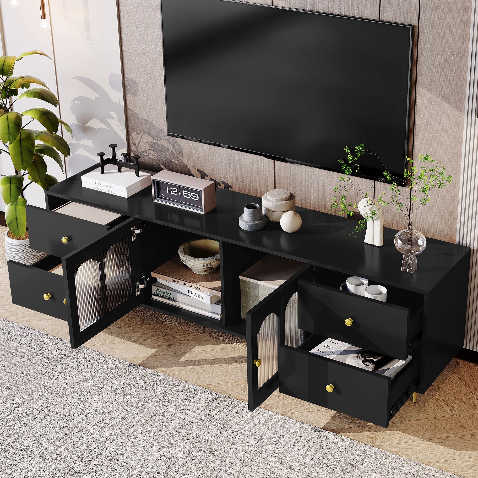 Modern TV Stand With Glass Door, 4 Drawers And 2 Cabinets