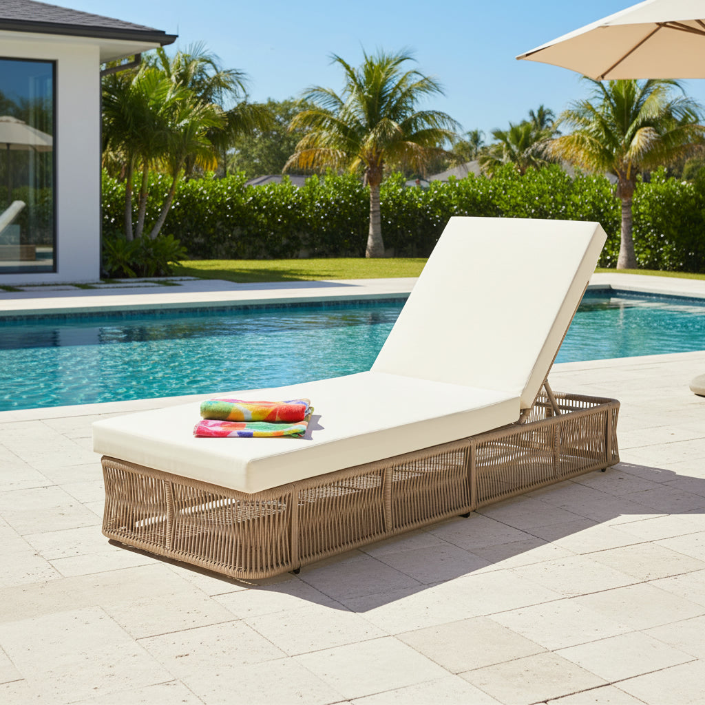 Beige and White Adjustable Sunlounge with Woven Rope Base
