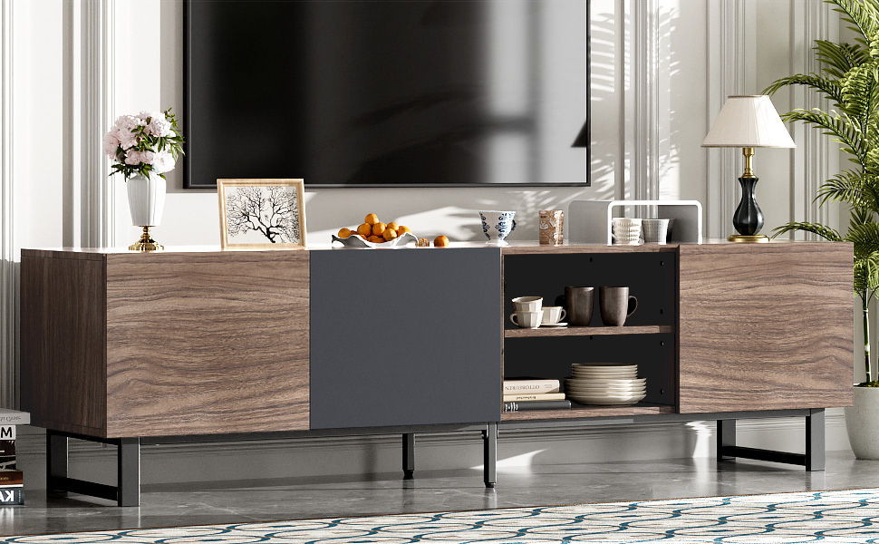 Modern TV With 3 Cabinets & Open Shelves, Color-Matching Media Console Table For Tvs Up To 80'', Entertainment Center With Drop Down Door For Living Room - Dark Brown