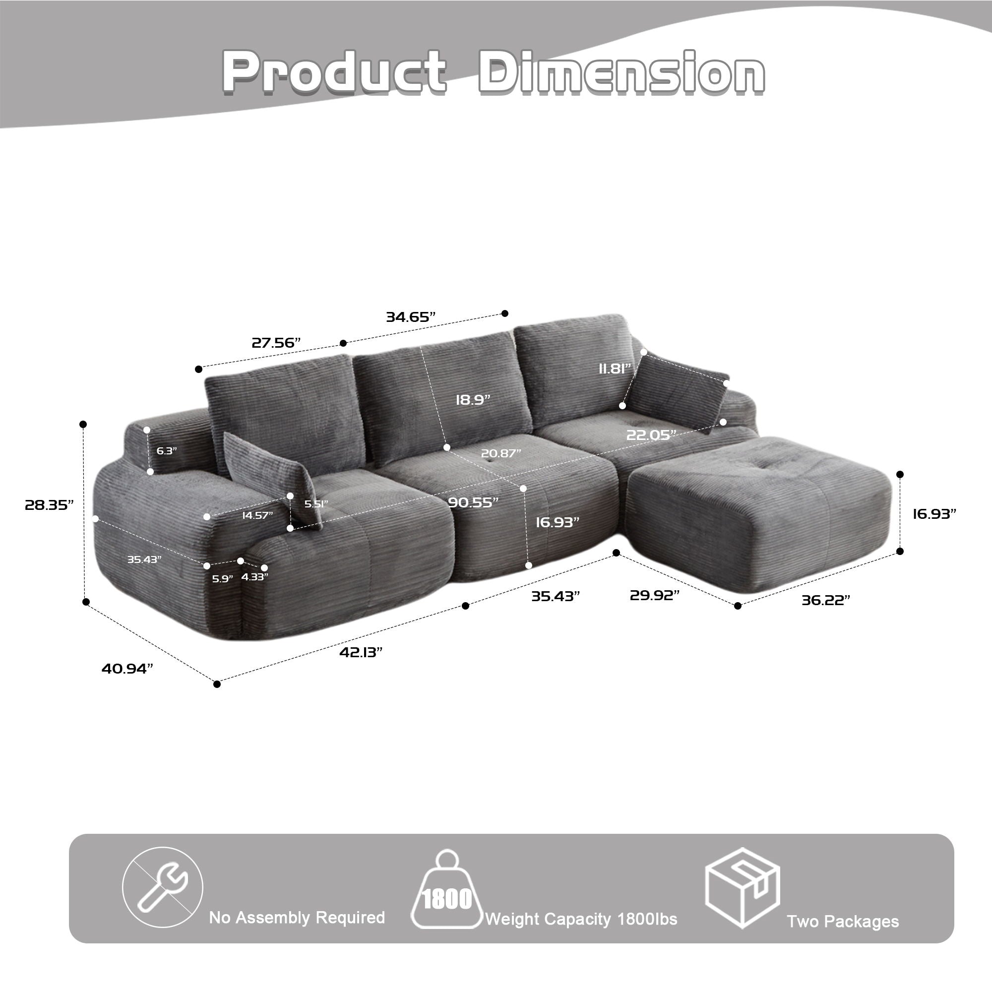 Compressed Sofa, Large Sectional Couches For Living Room - Gray