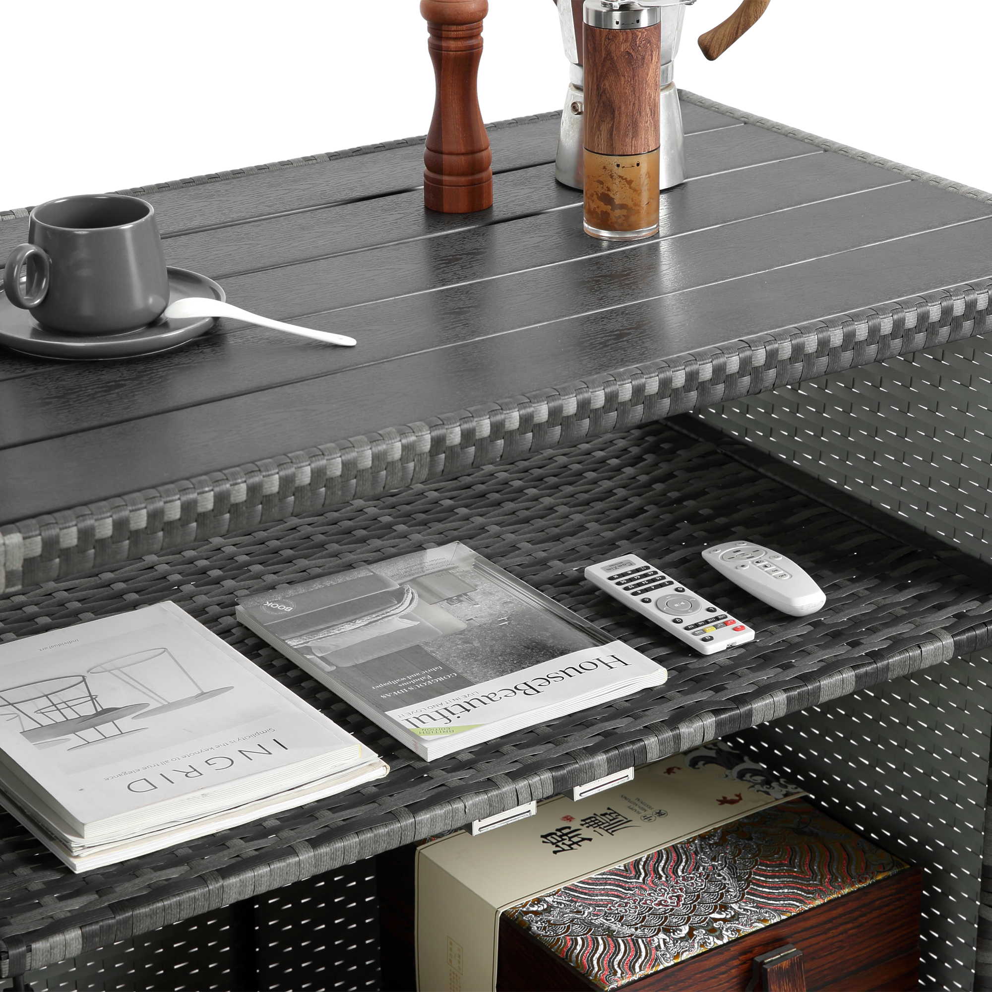 Outdoor Wicker Bar Cart with Glass Top and Wheels