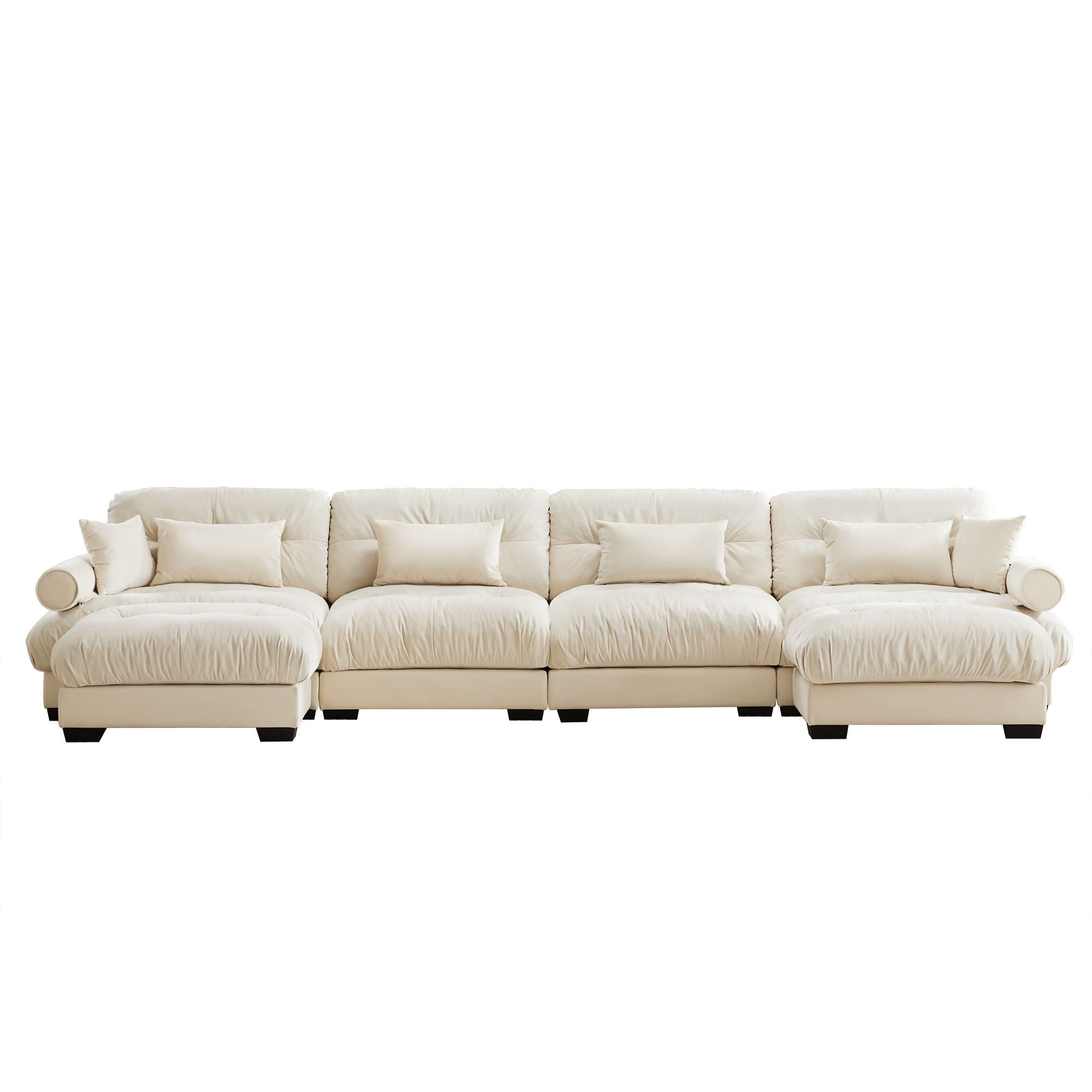 Modern Sectional Sofa With Ottoman, Round Bolster Armrests, Waist And Throw Pillows