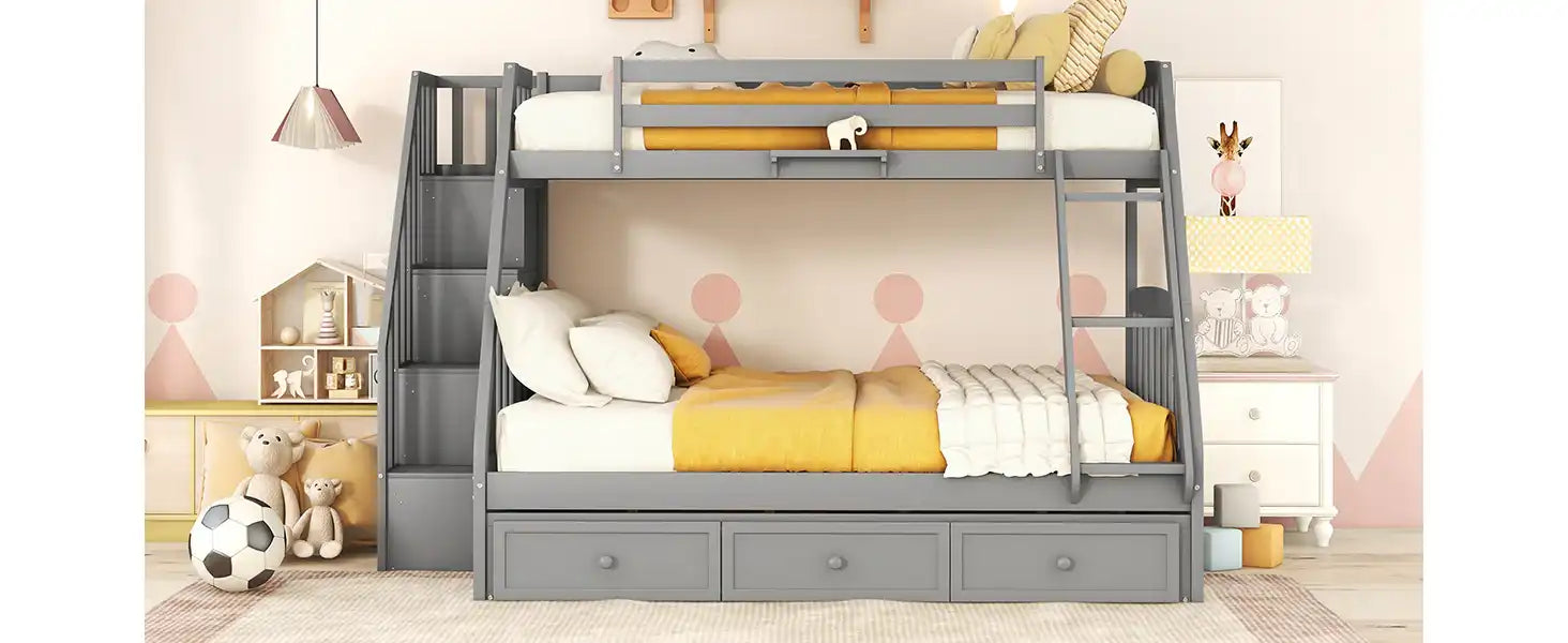 Twin-Over-Full Bunk Bed with Drawers，Ladder and Storage Staircase, Gray - Best Buy Furniture