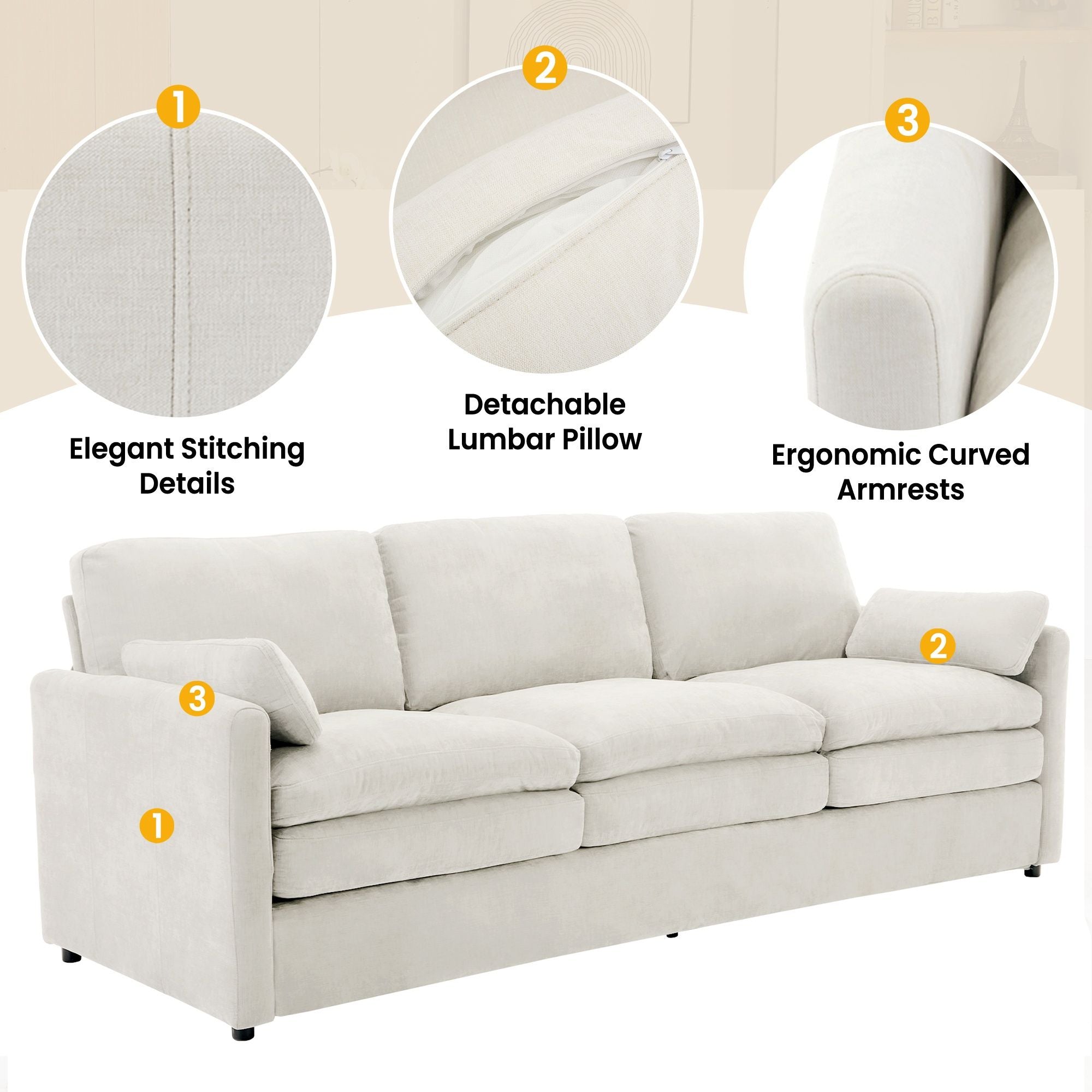 Cozy Upholstered 3 Seater Sofa With Double Cushion