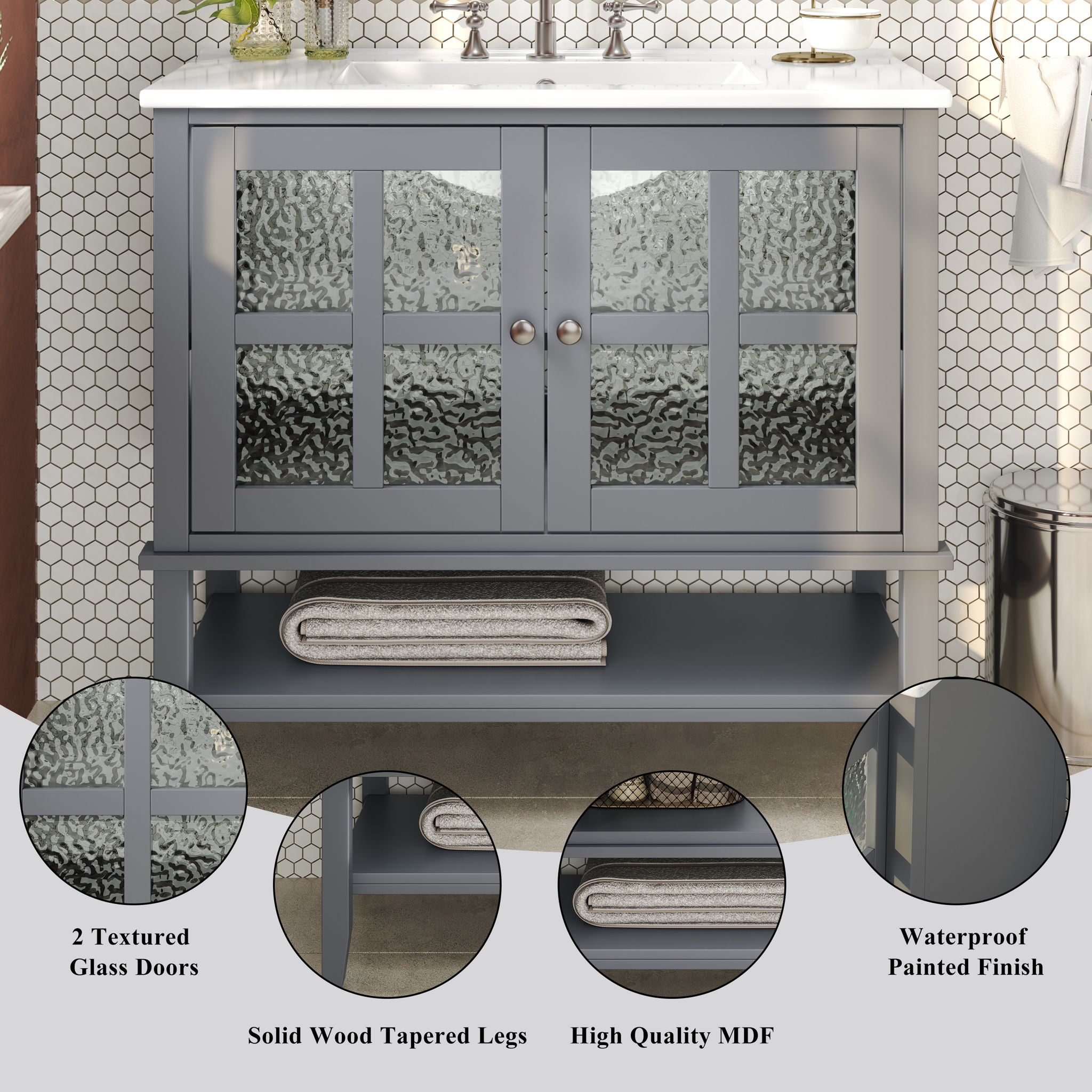 Bathroom Vanity With Ceramic Sink, Adjustable & Open Shelf