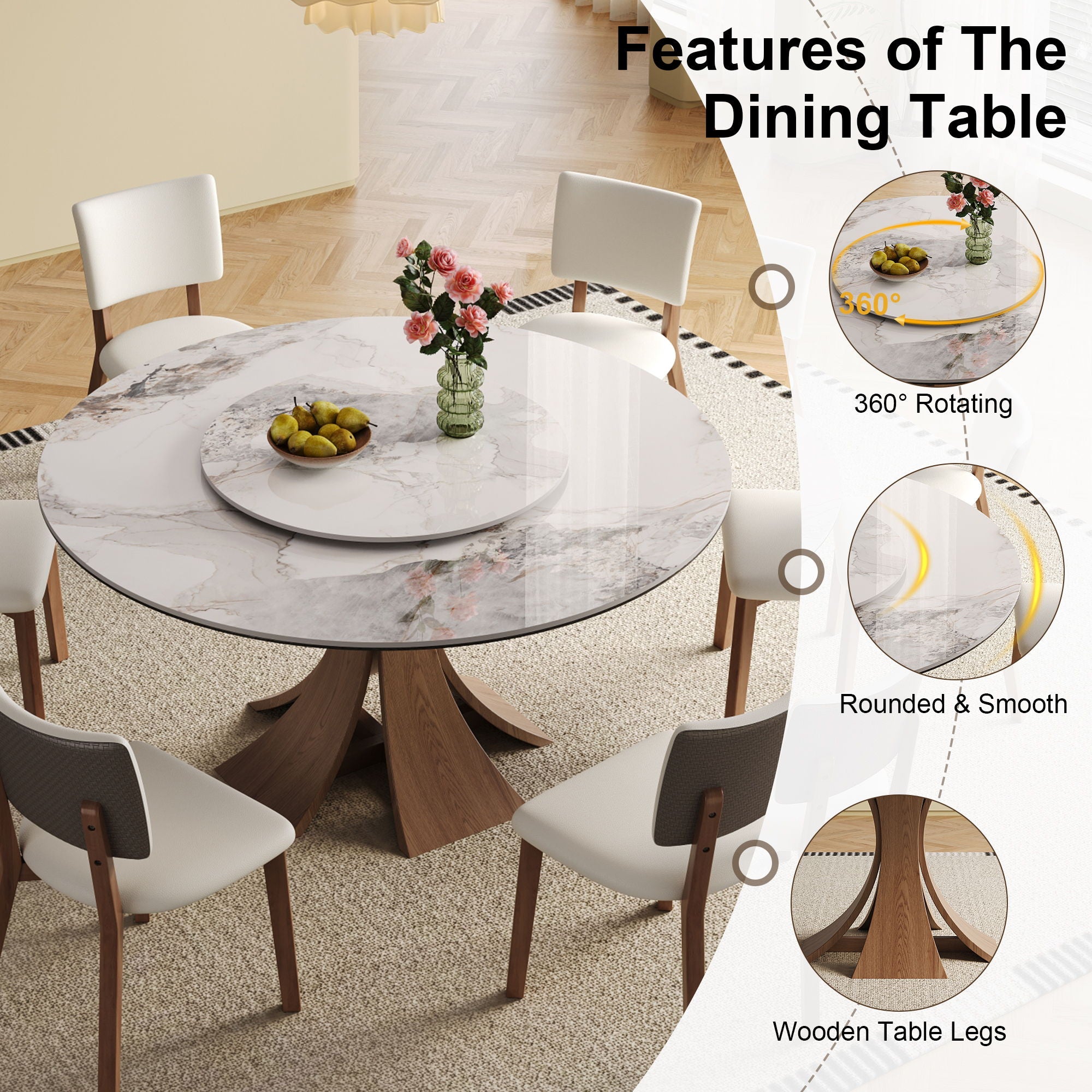 Dining Table Set With Round Turntable, Seats 6 - 8 - White