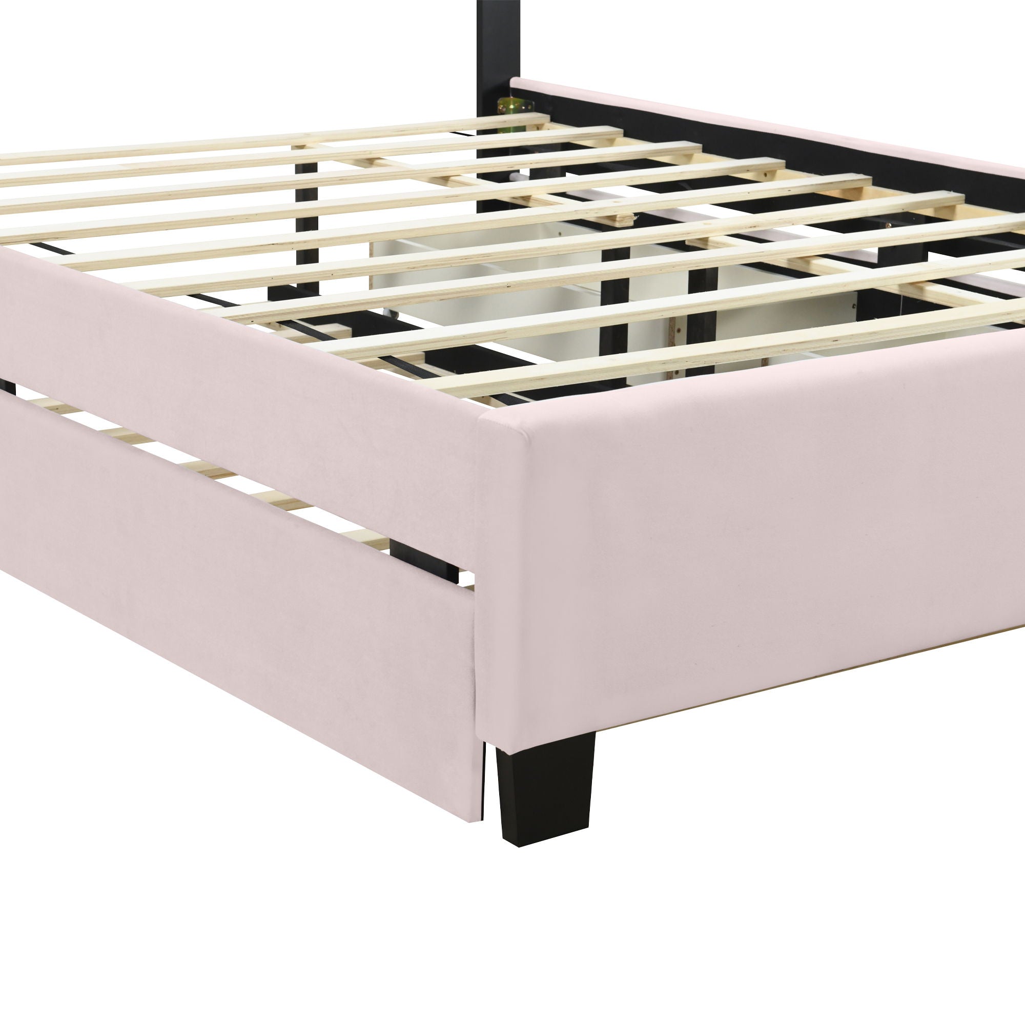 Upholstered Platform Bed With 2 Drawers And 1 Trundle, Classic Strip Headboard Design
