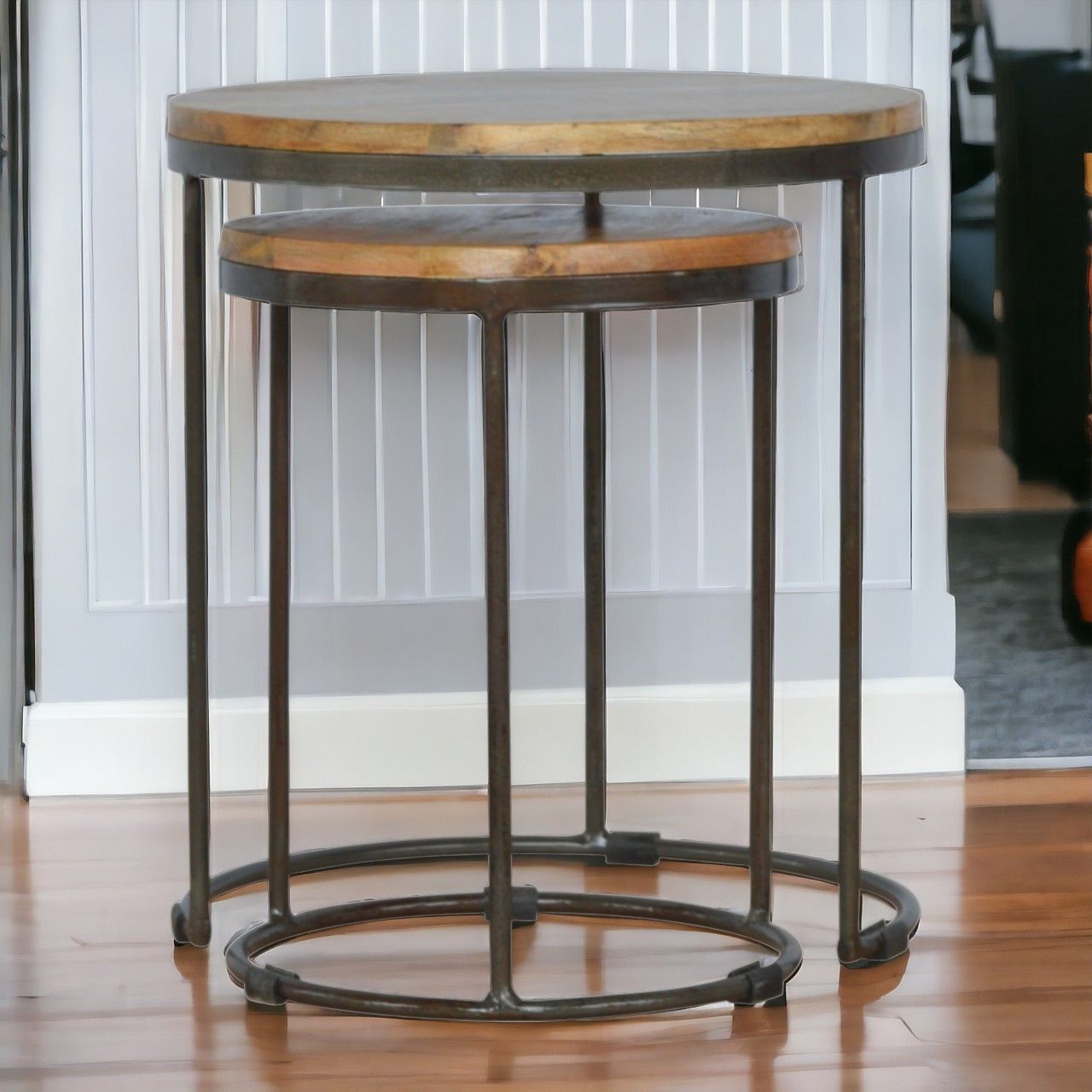 Round Stool Table With Iron Base (Set of 2) - Brown / Black - Best Buy Furniture