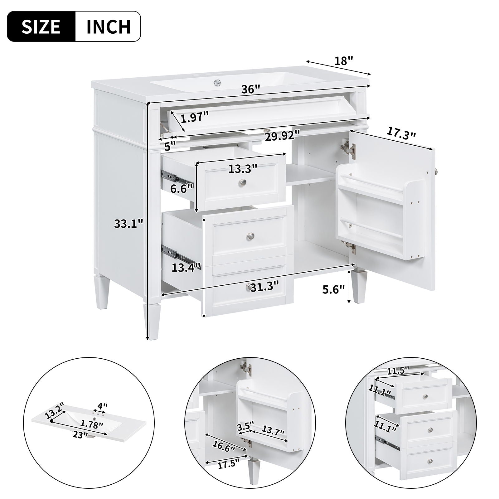 Bathroom Vanity With Top Sink, 2 Drawers And Tip Out Drawer, Rectangular Design