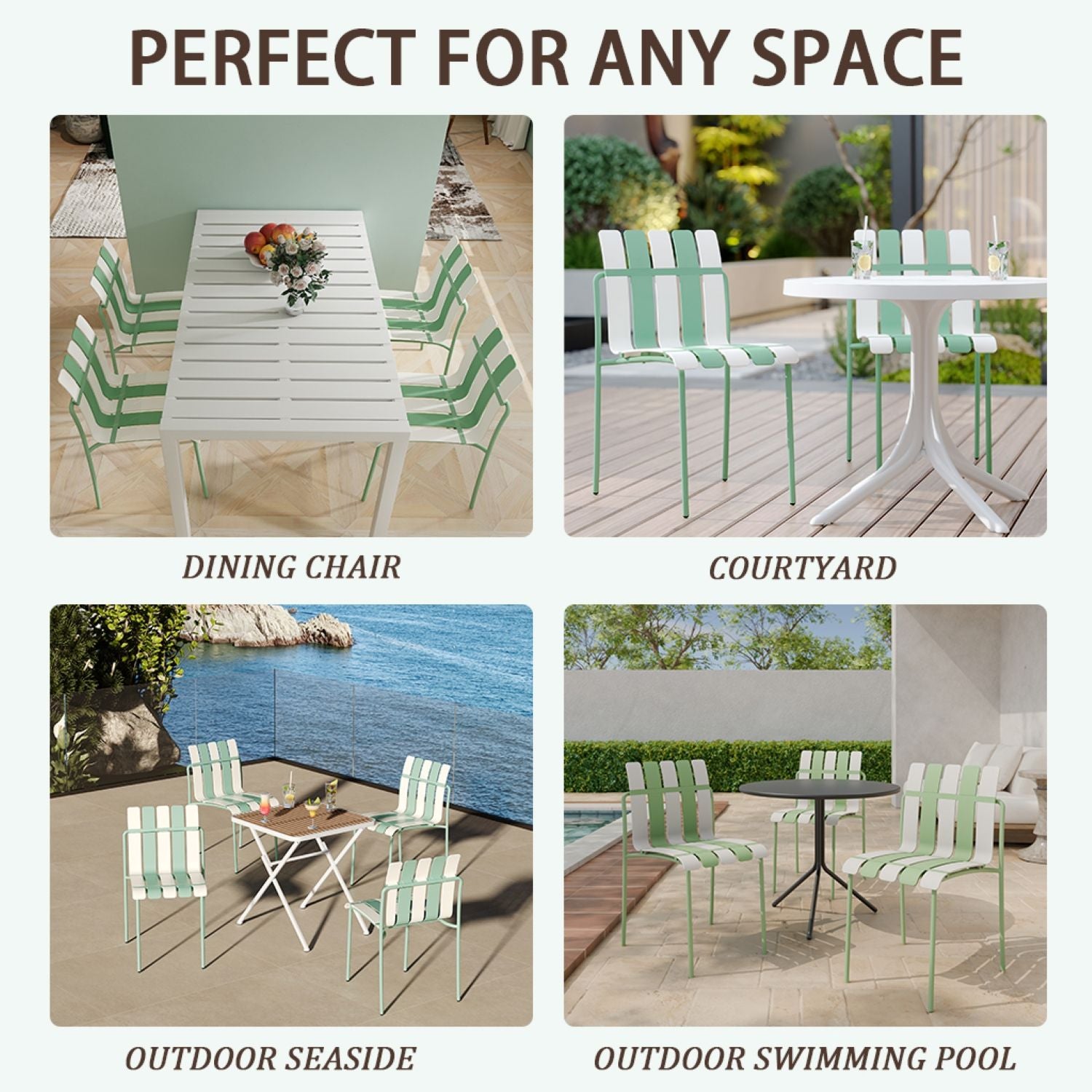 4 Piece Set Of Single Chairs With Modern Color Blocking Design, UV Resistant And Rust Proof - Haze Green / White