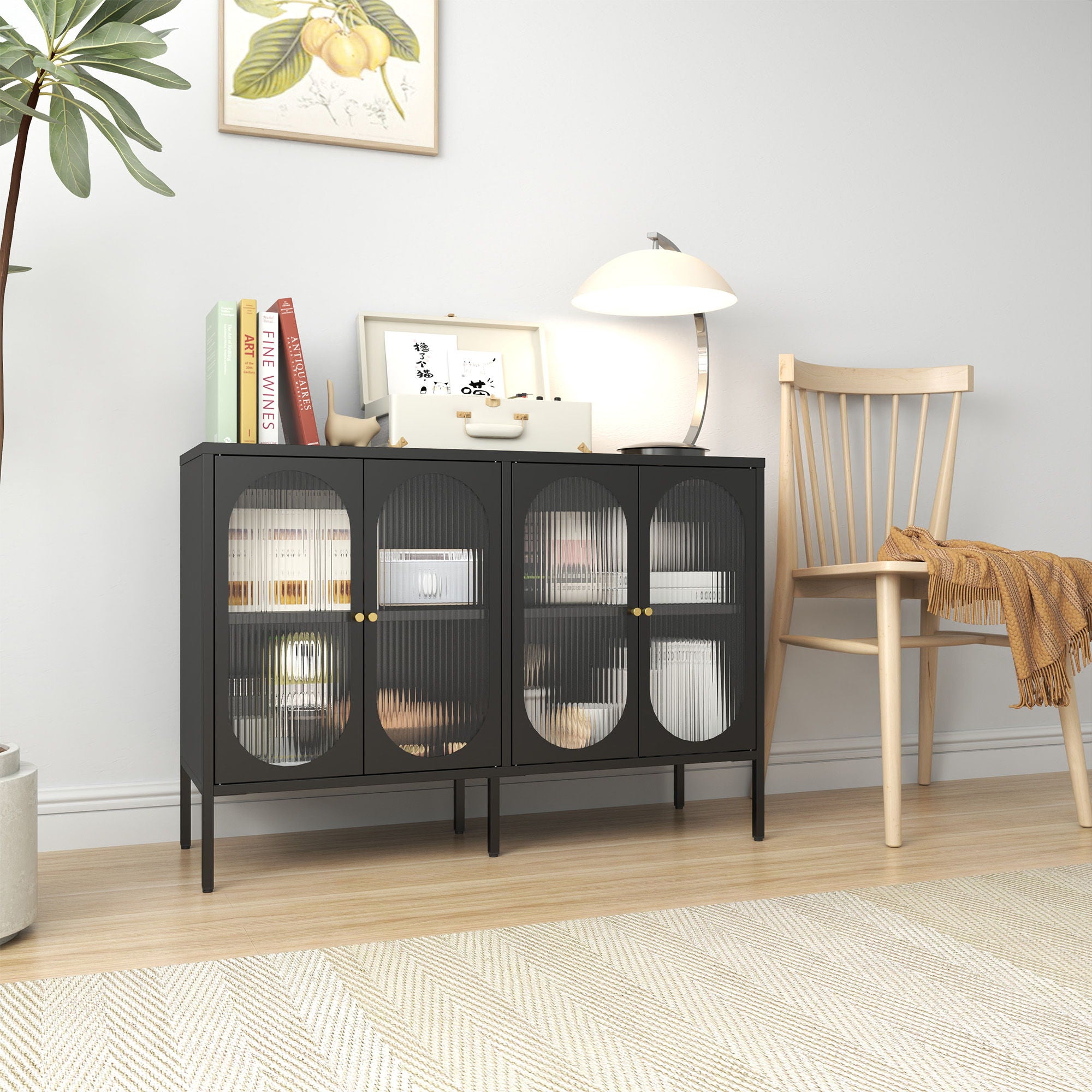 Modern Metal Sideboard Cabinet With 4 Glass Doors, Steel Kitchen Storage And Coffee Bar Cabinet - Black