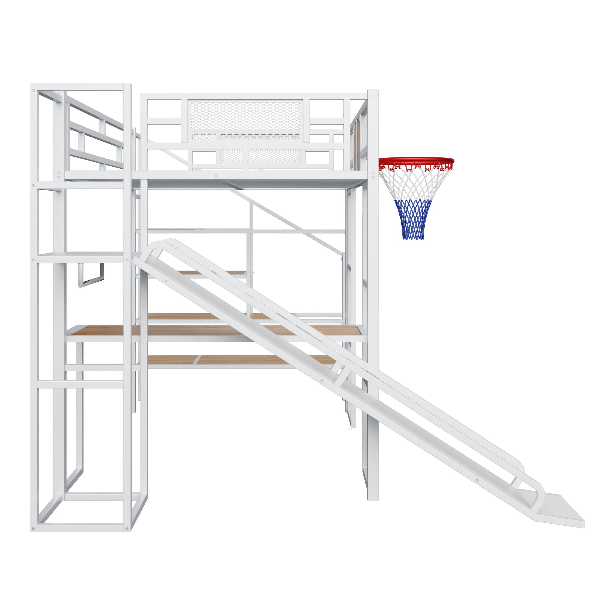 Loft Bed With Built In Desk, Open Wardrobe, Basketball Hoop, Slide And Staircase