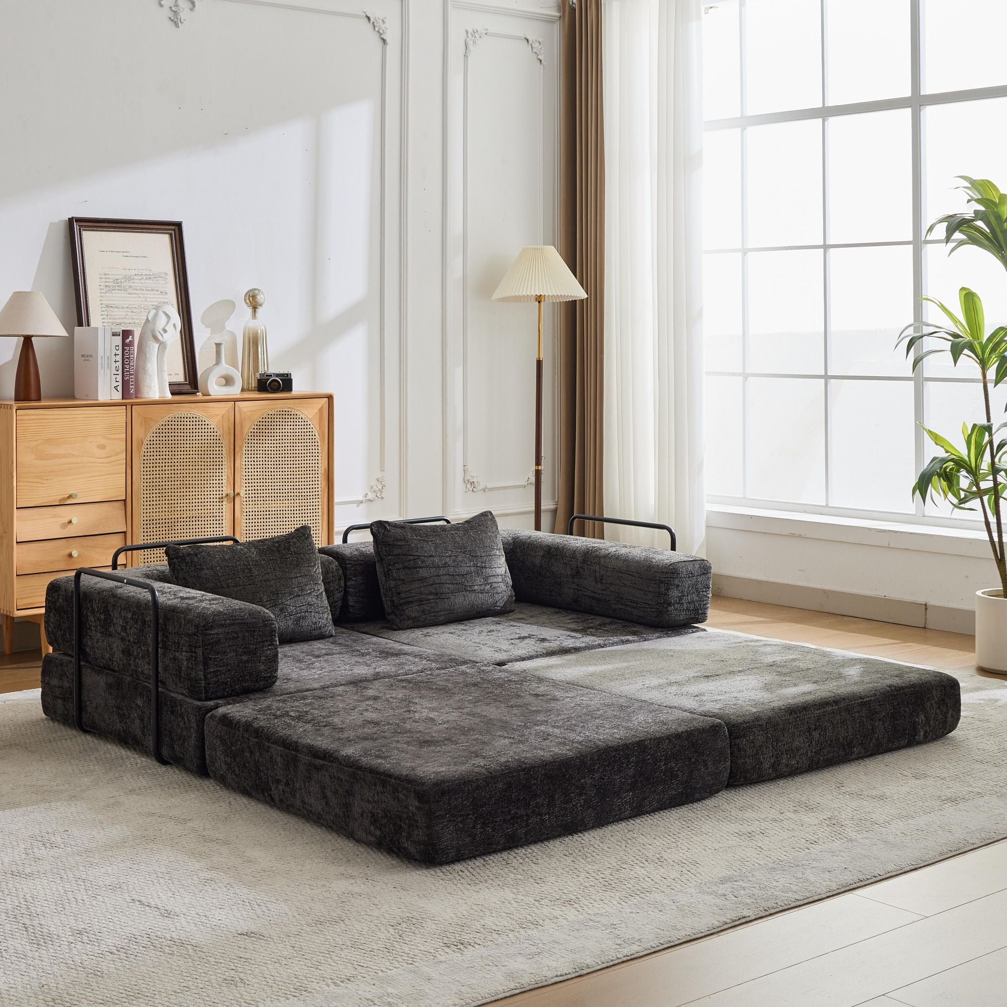Convertible Floor Sofa Bed With Fixed Shape Frame, Loveseats Boneless Modular Sectional, For Living Room - Black