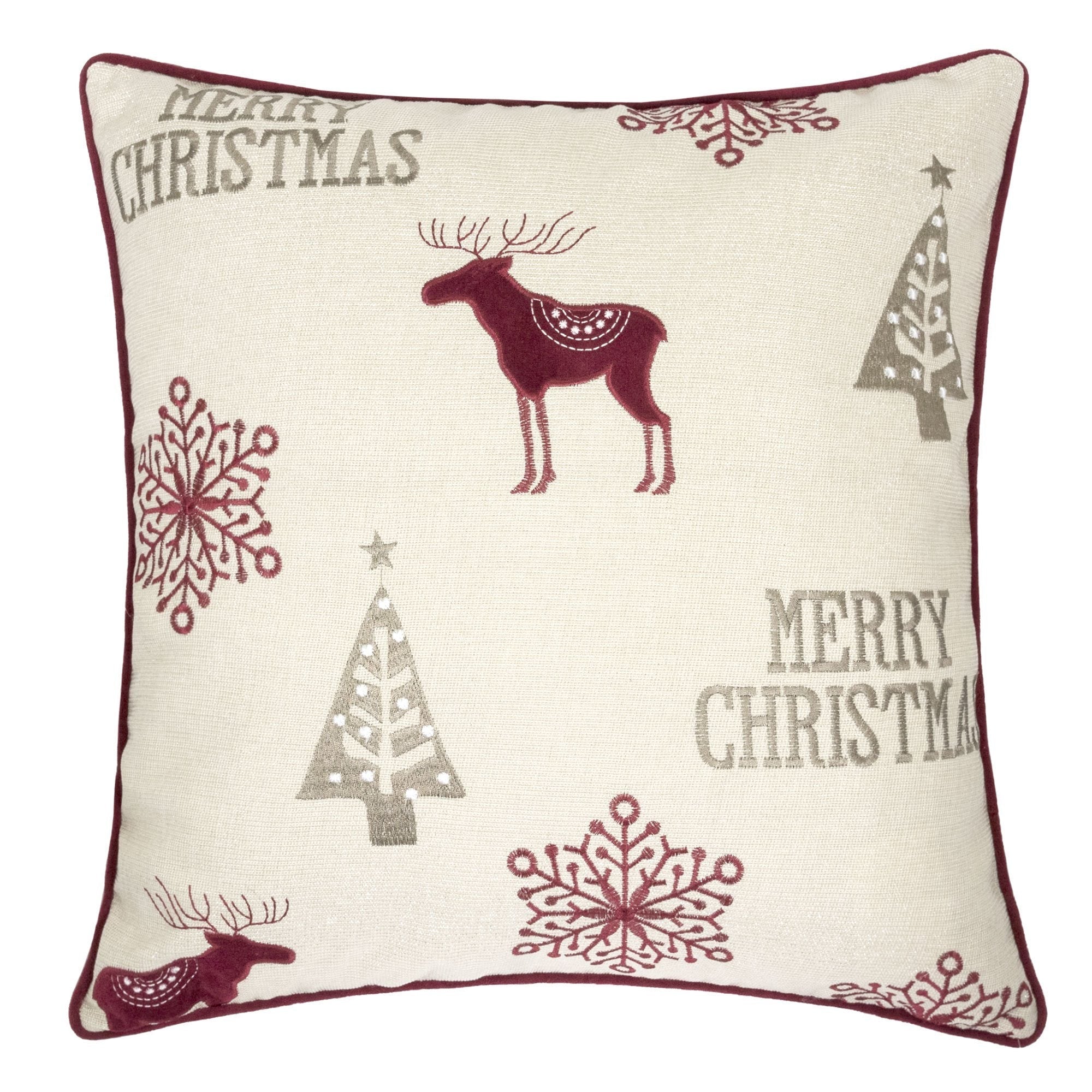 Merry-Christmas-Embroidered-Poly-Linen-Throw-Pillow-–-20x20'-Holiday-Cushion-with-Reindeer,-Trees-&-Snowflakes-Throw-Pillows