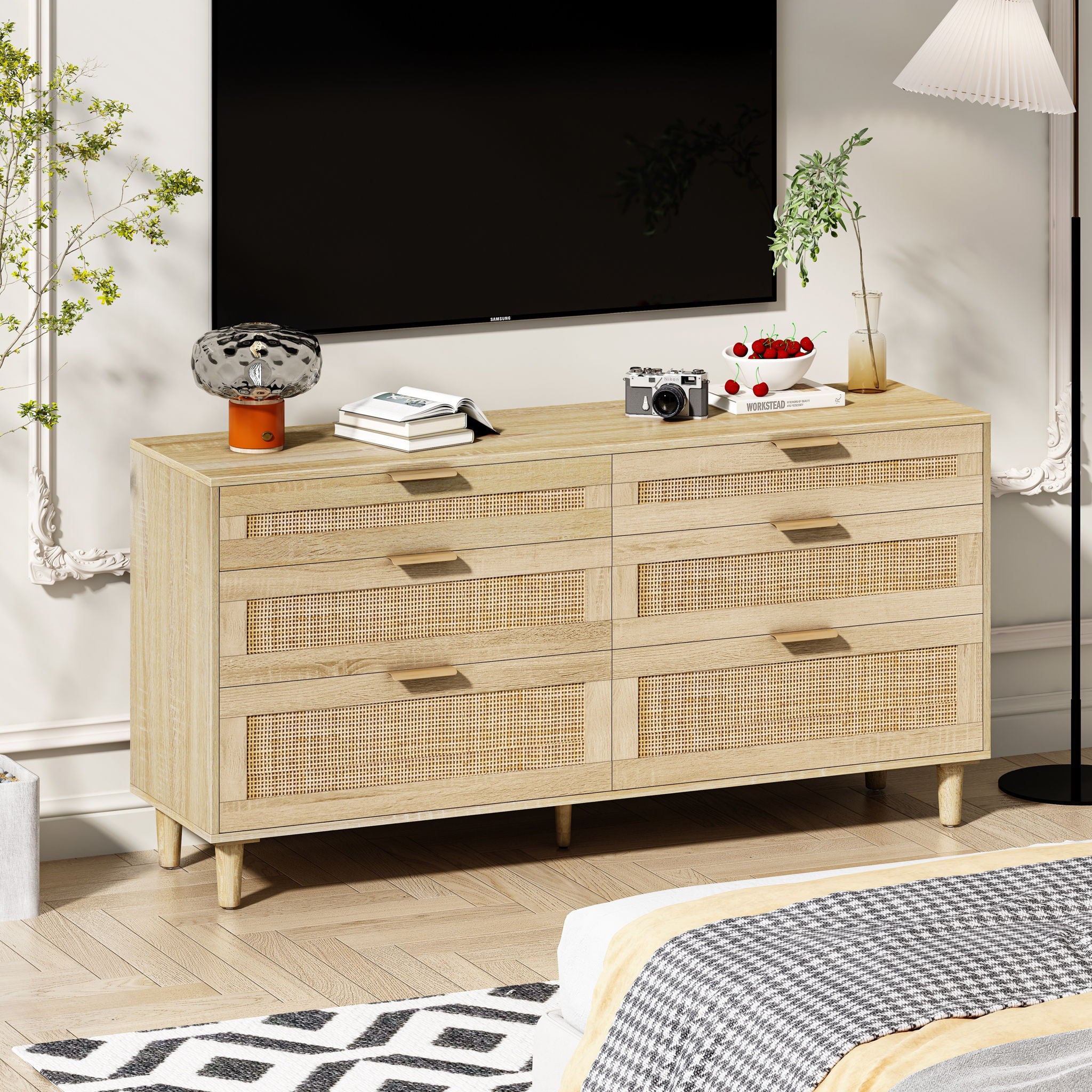 Rattan Dresser With 6 Drawers, Legs & Handles, Storage Cabinet - Natural