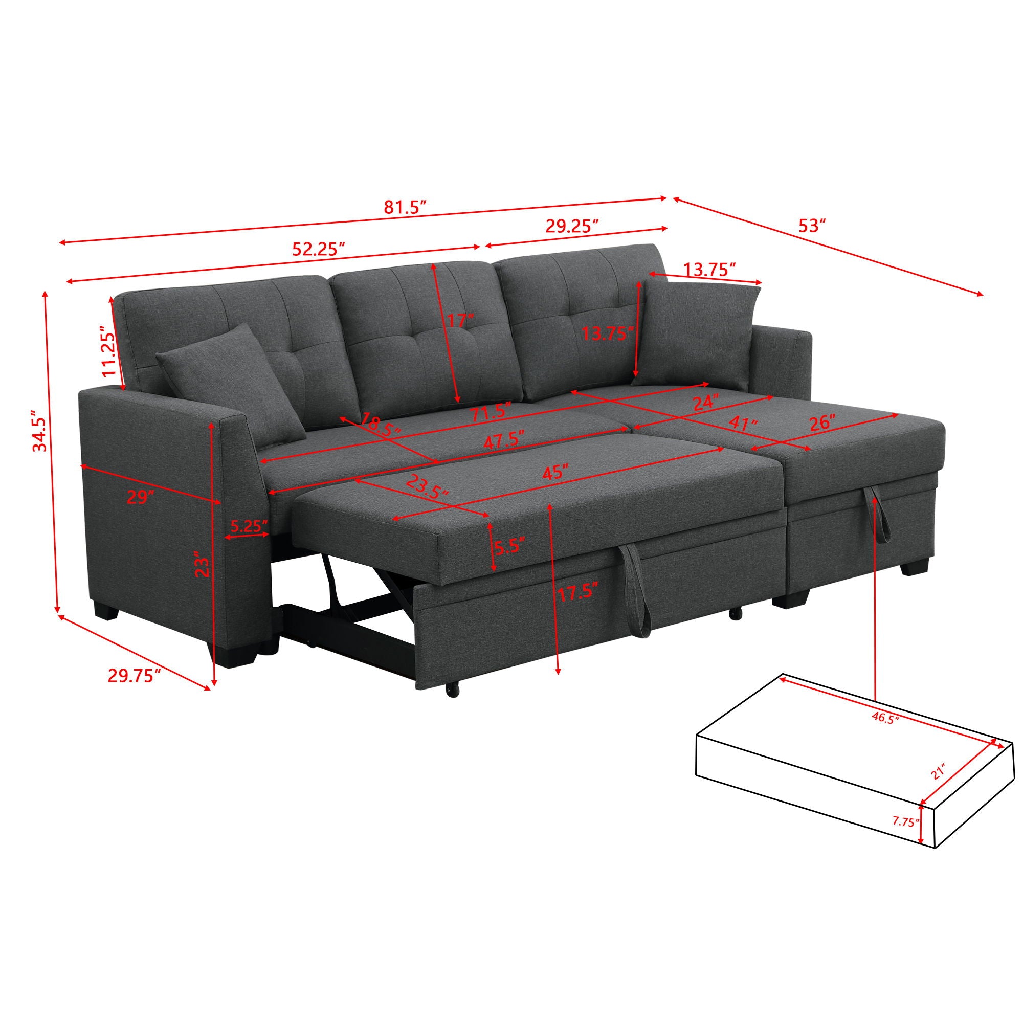Stylish Sectional Sofa Bed - Dark Gray