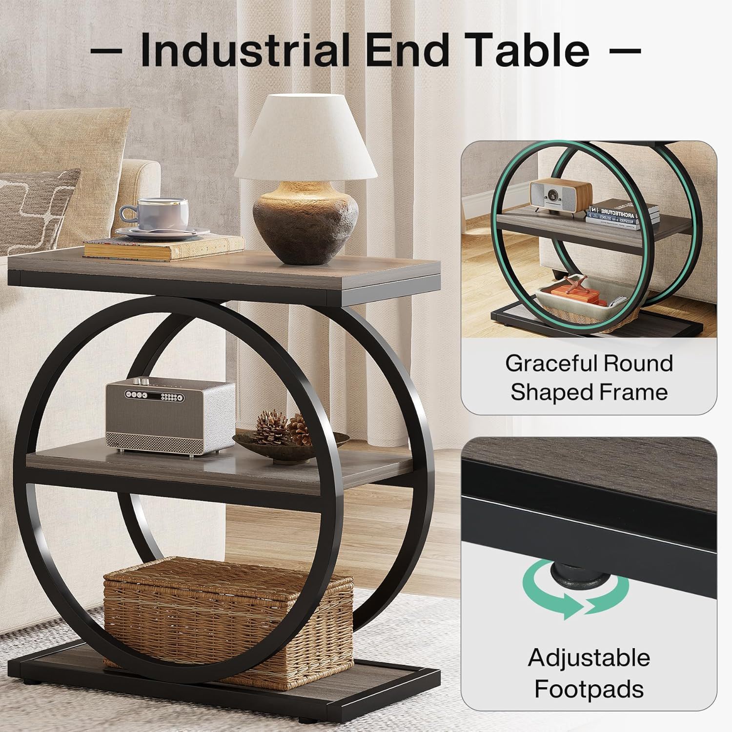 Industrial Narrow End Table With 3 Shelves