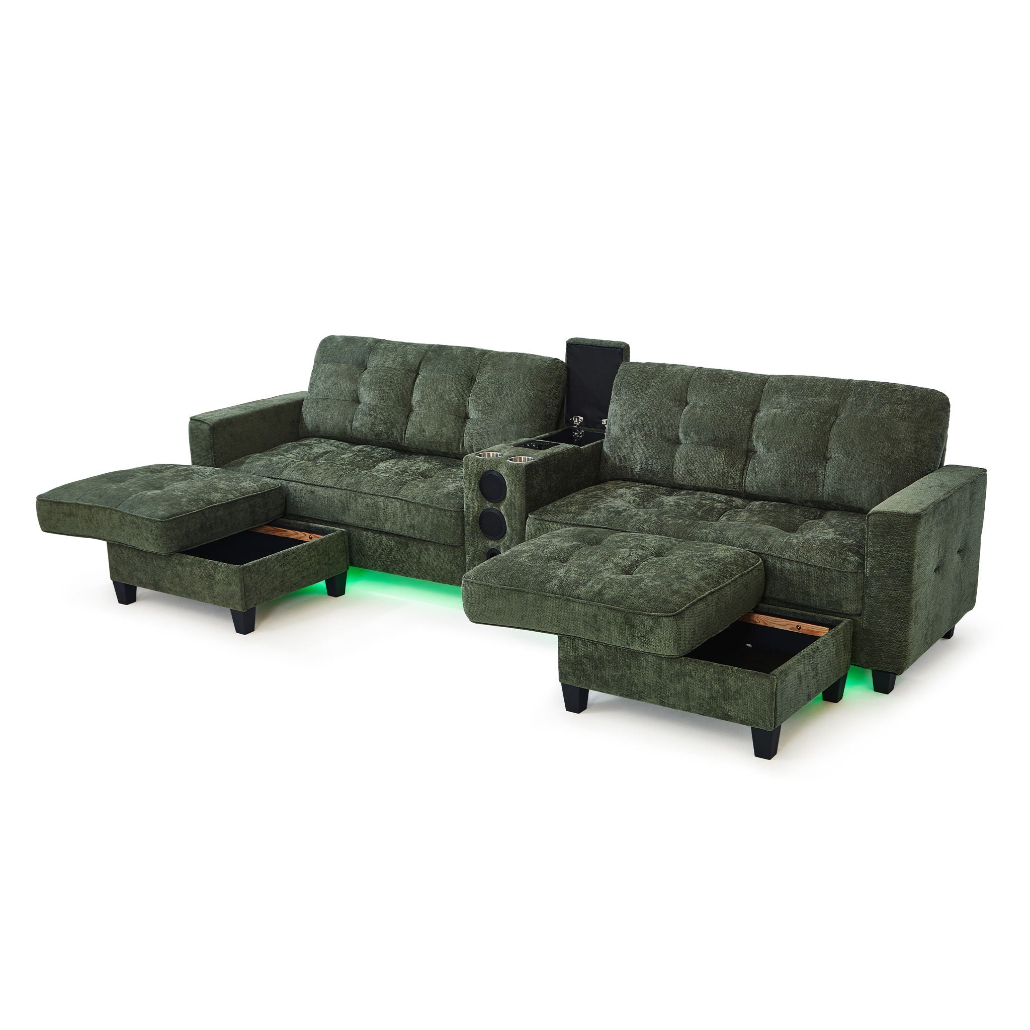 Modern Sectional Sofa U-Shaped With Movable Ottomans, Bluetooth Speakers, LED Lights And Modular Storage