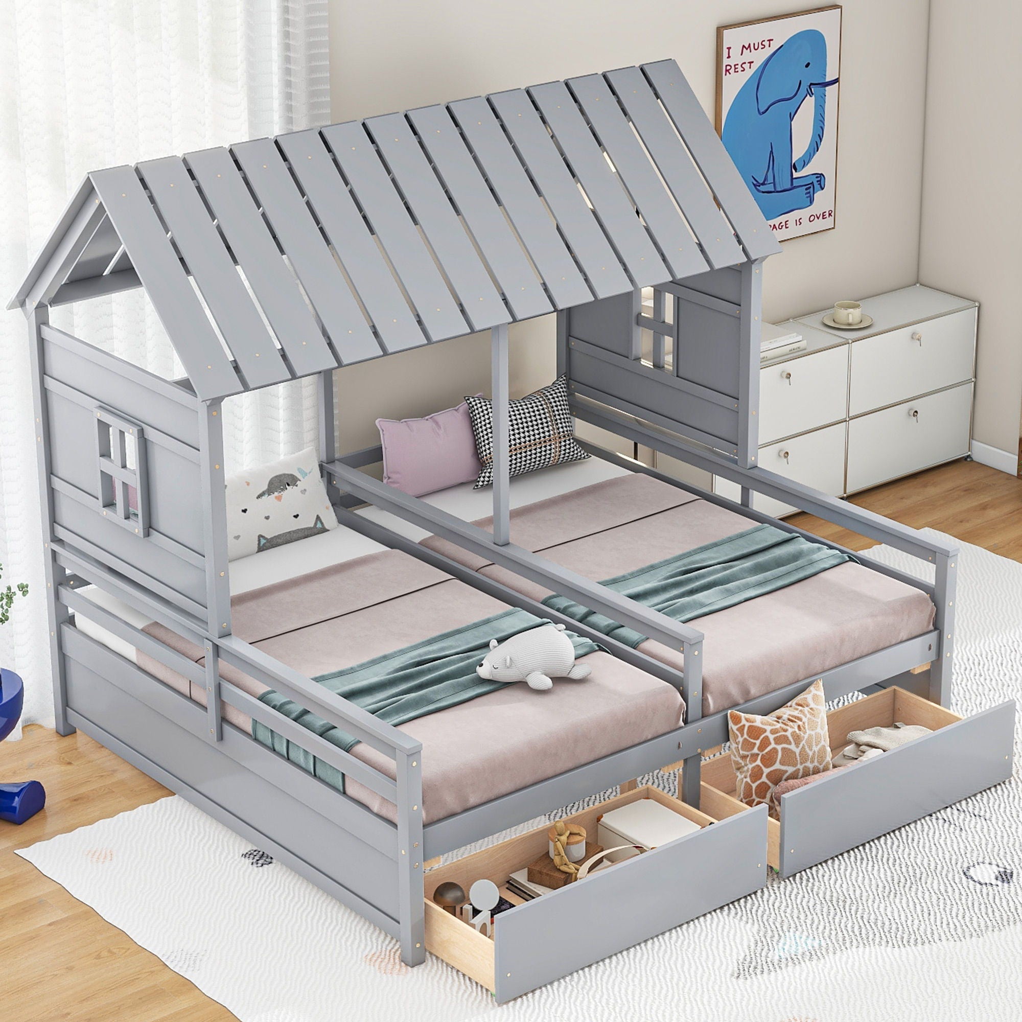 House Platform Beds With 2 Drawers, Side By Side Design